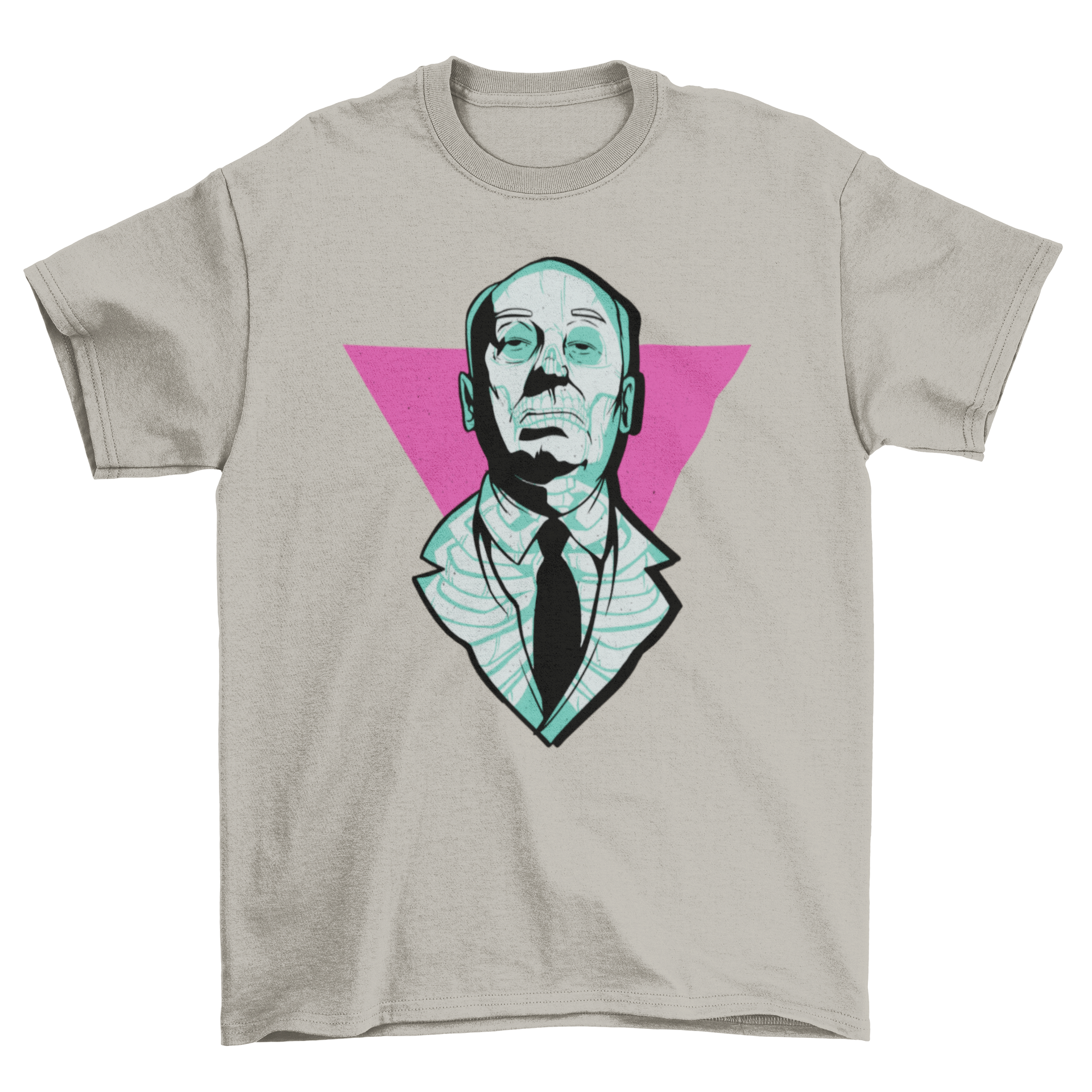 Hitchcock neon skull t-shirt featuring a vibrant portrait of Alfred Hitchcock with neon X-ray outlines.