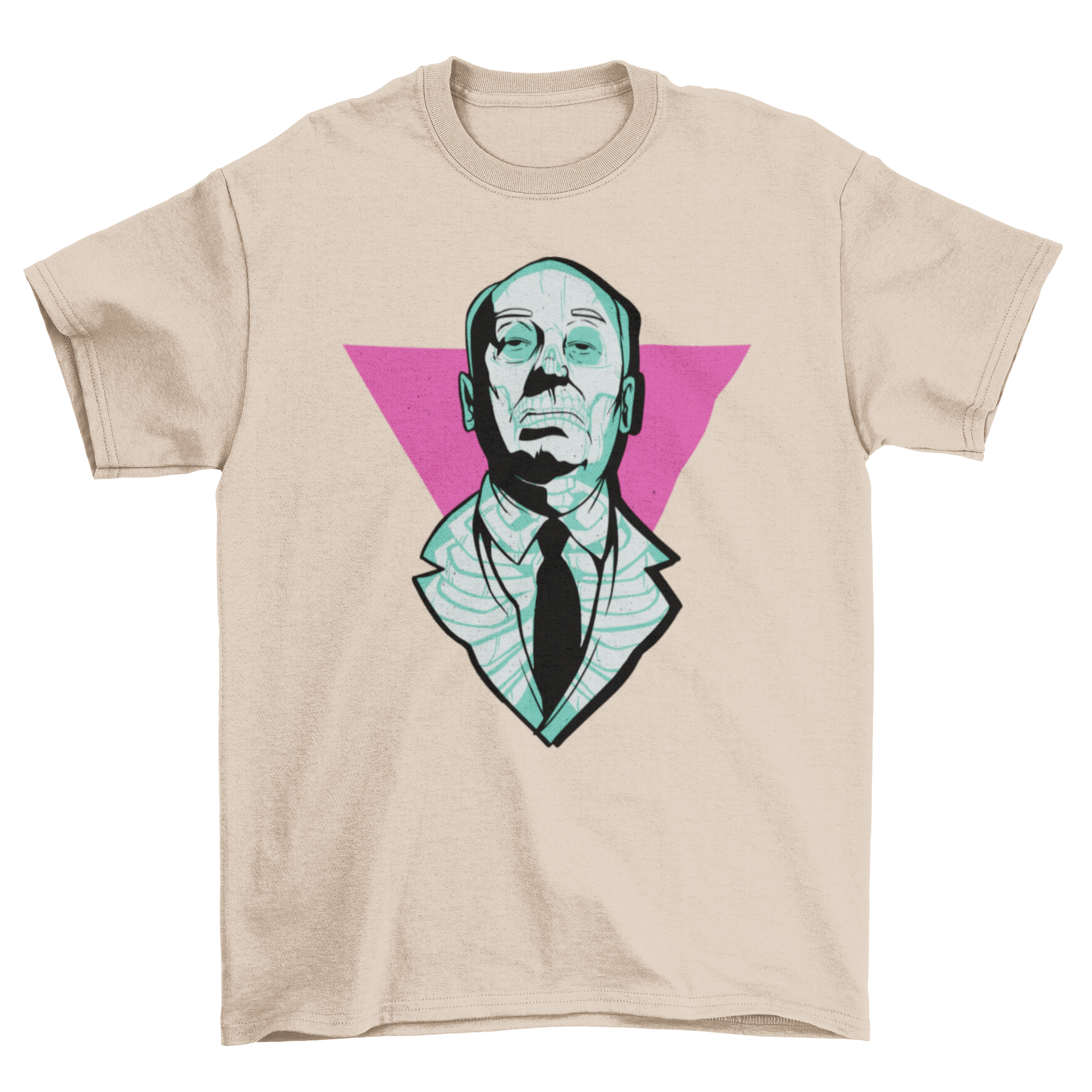 Hitchcock neon skull t-shirt featuring a vibrant portrait of Alfred Hitchcock with neon X-ray outlines.