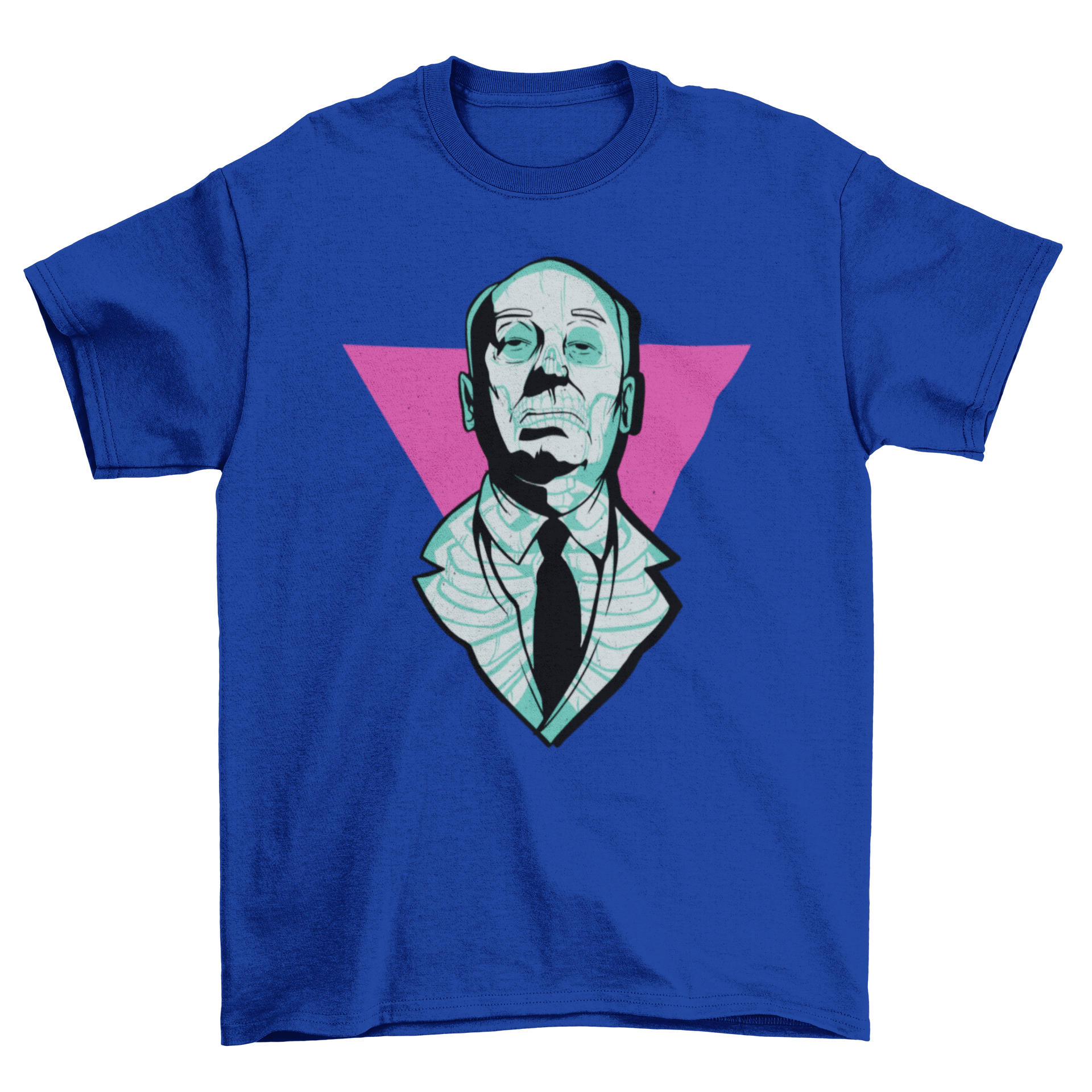 Hitchcock neon skull t-shirt featuring a vibrant portrait of Alfred Hitchcock with neon X-ray outlines.