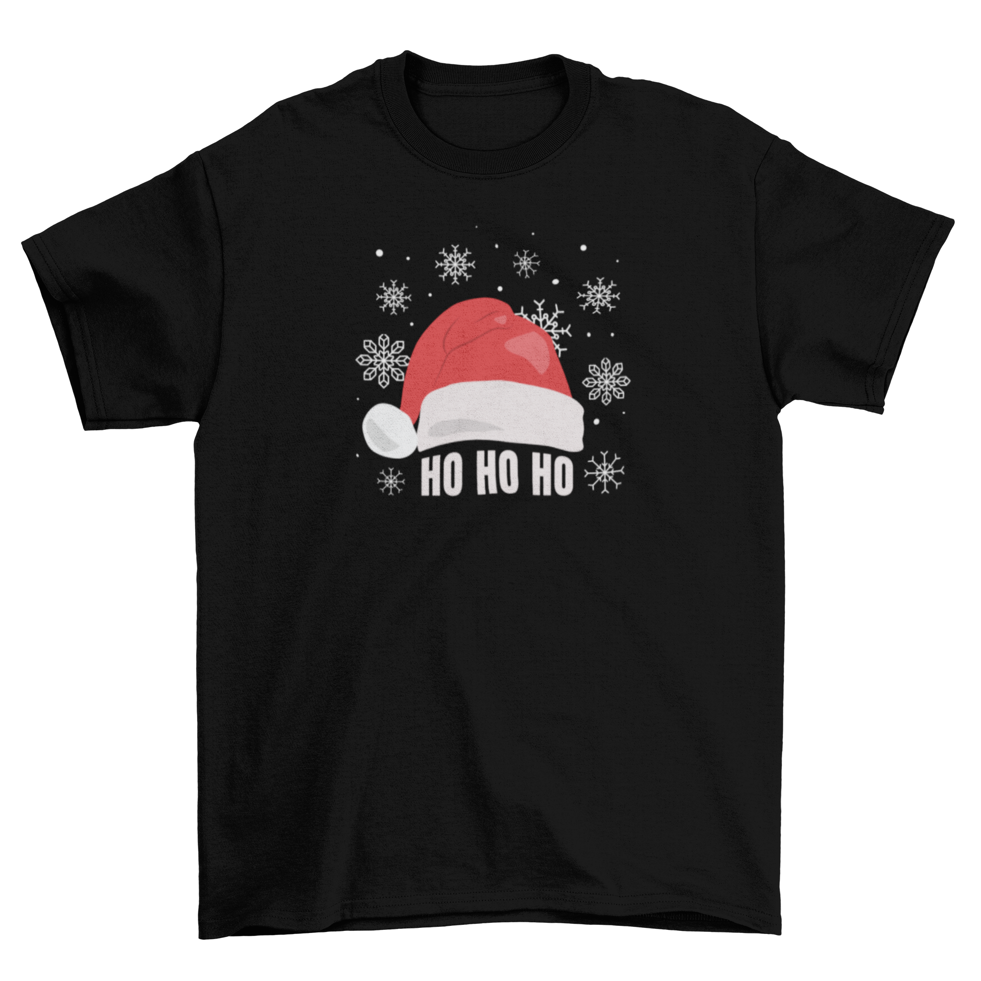 A festive T-shirt featuring a Santa hat and the text 'HO HO HO', perfect for Christmas celebrations.