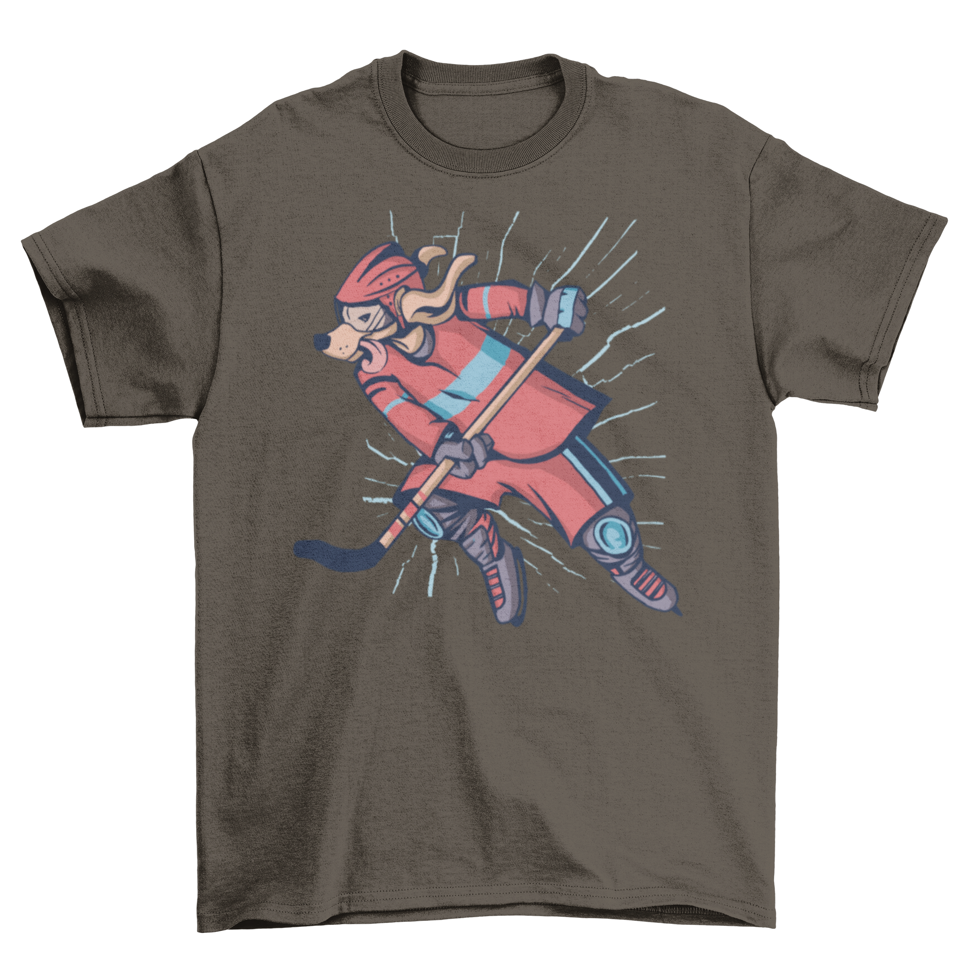 A playful dog wearing a t-shirt featuring an ice hockey design, showcasing its love for the sport.