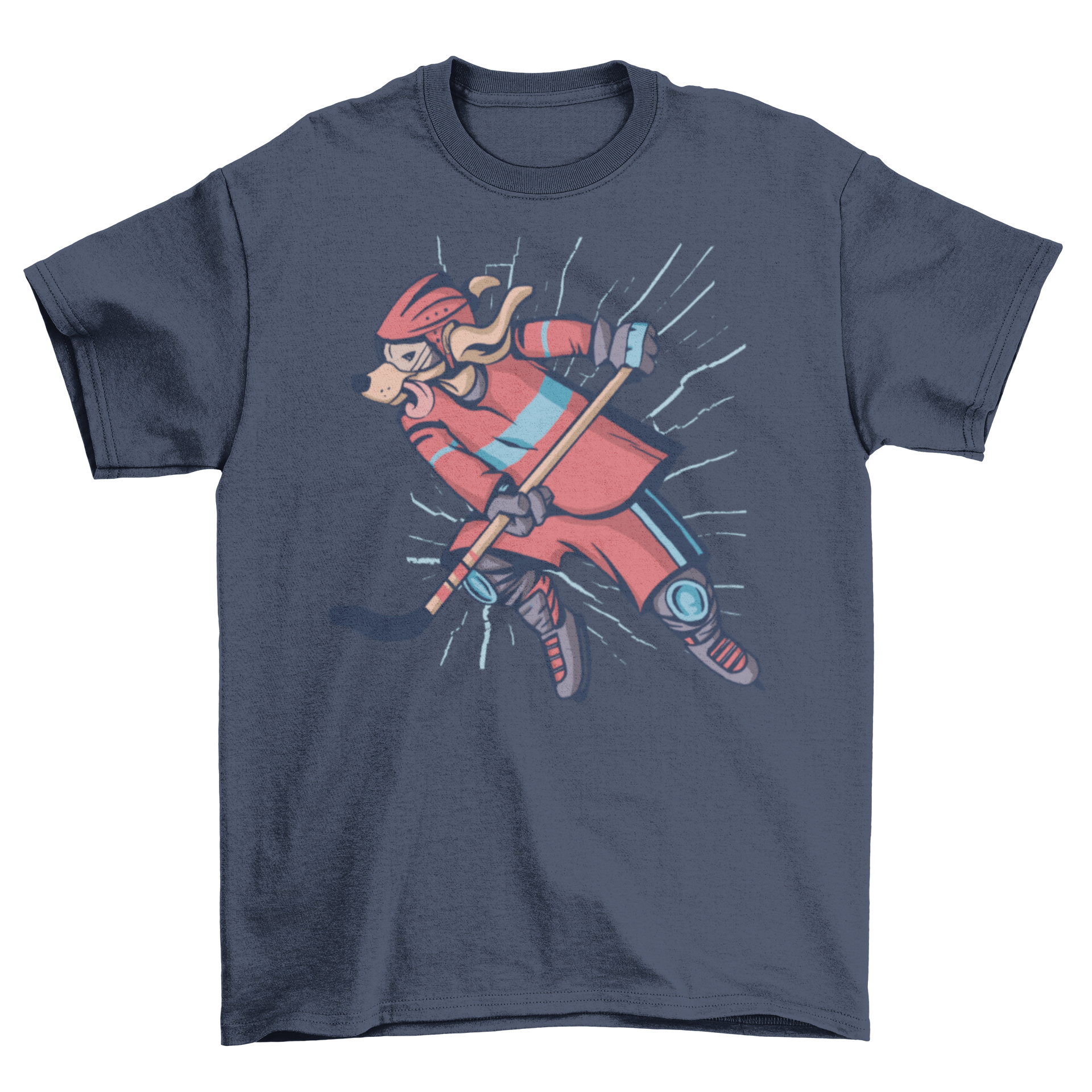 A playful dog wearing a t-shirt featuring an ice hockey design, showcasing its love for the sport.