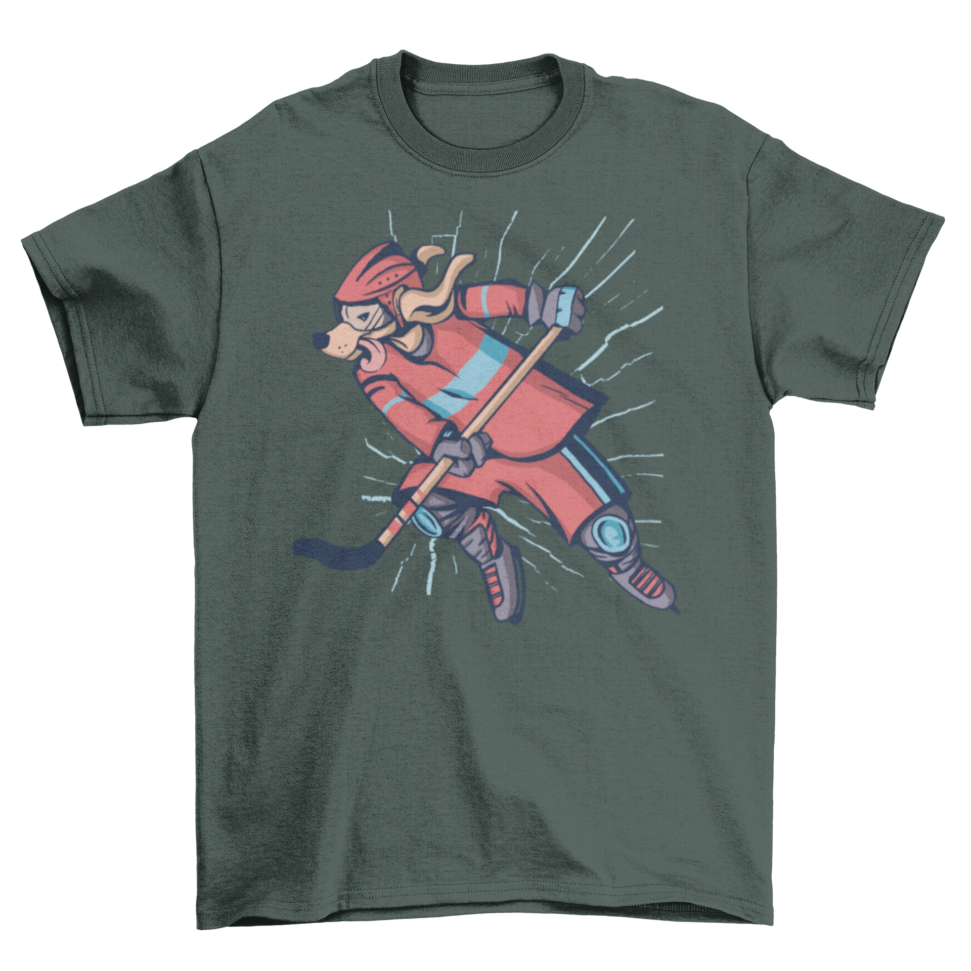 A playful dog wearing a t-shirt featuring an ice hockey design, showcasing its love for the sport.