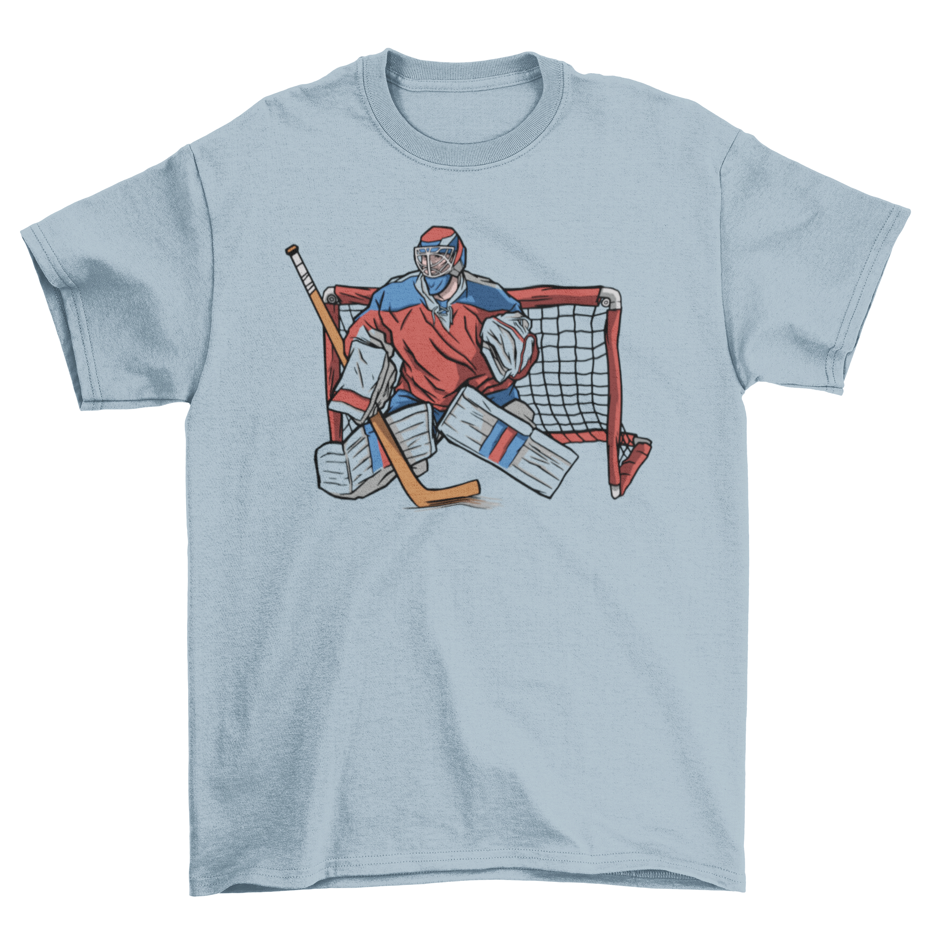 A stylish Hockey Goalkeeper T-shirt featuring a unique design of an ice hockey goalkeeper in action.