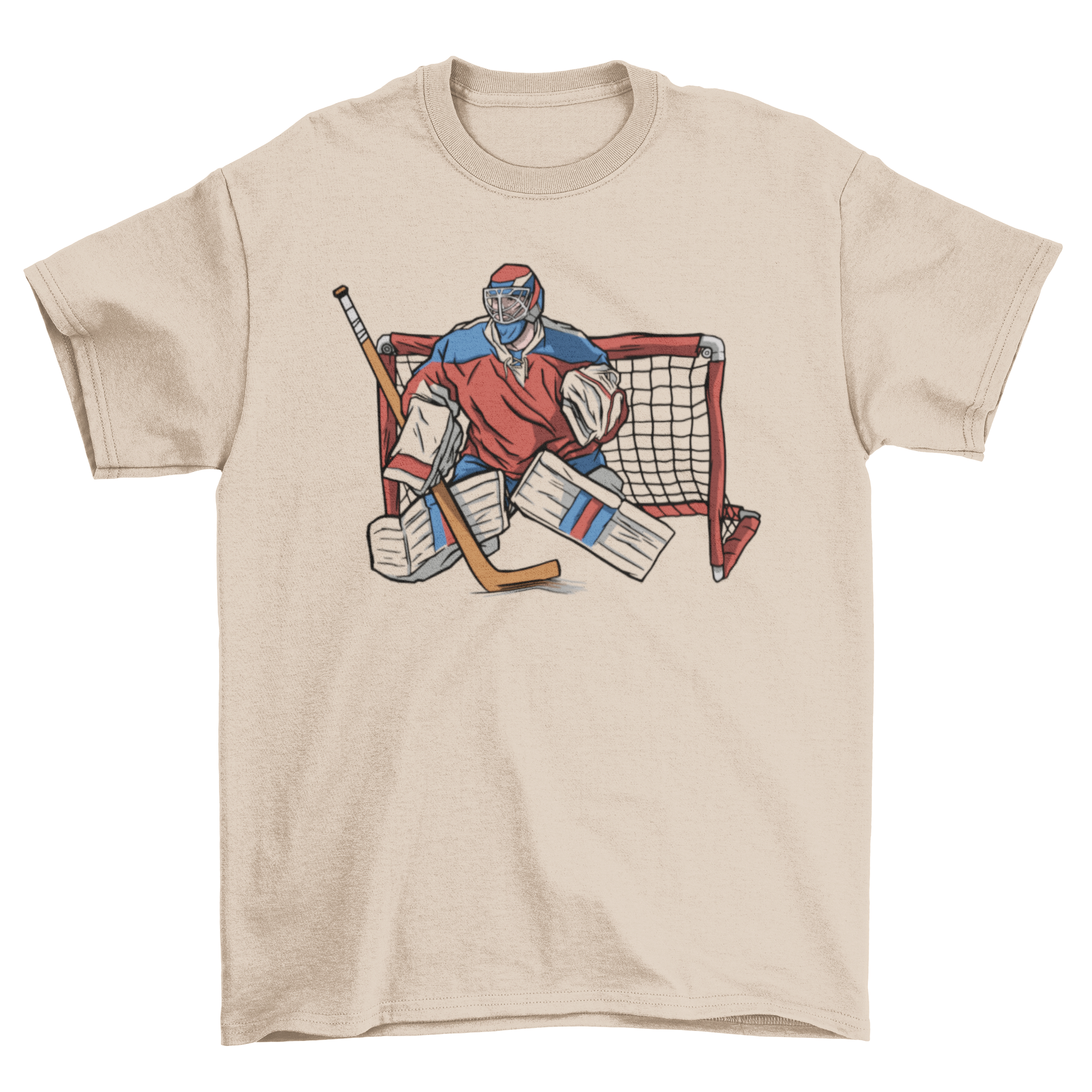 A stylish Hockey Goalkeeper T-shirt featuring a unique design of an ice hockey goalkeeper in action.