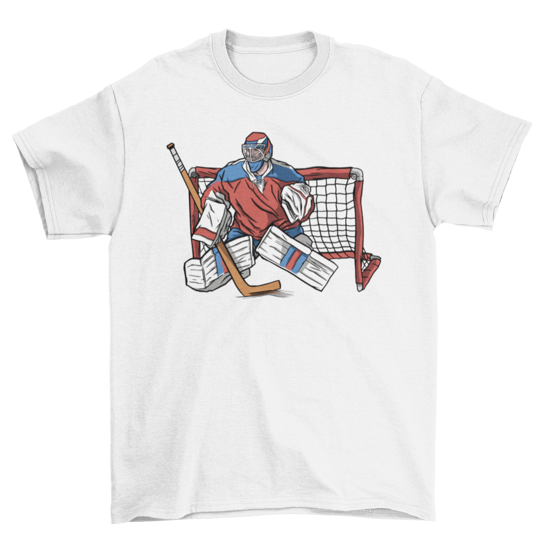 A stylish Hockey Goalkeeper T-shirt featuring a unique design of an ice hockey goalkeeper in action.