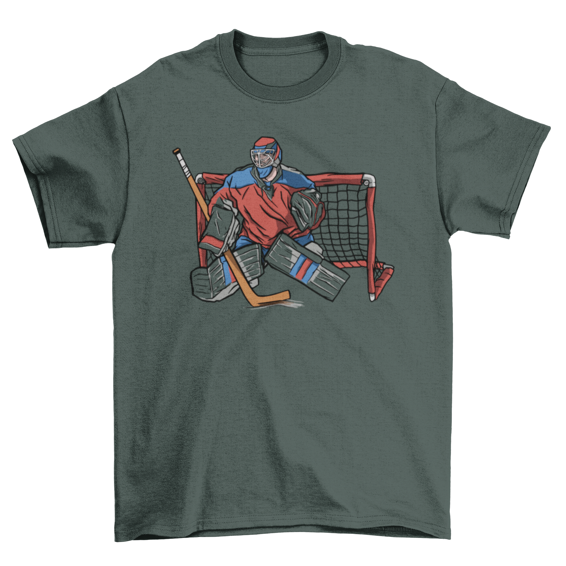 A stylish Hockey Goalkeeper T-shirt featuring a unique design of an ice hockey goalkeeper in action.