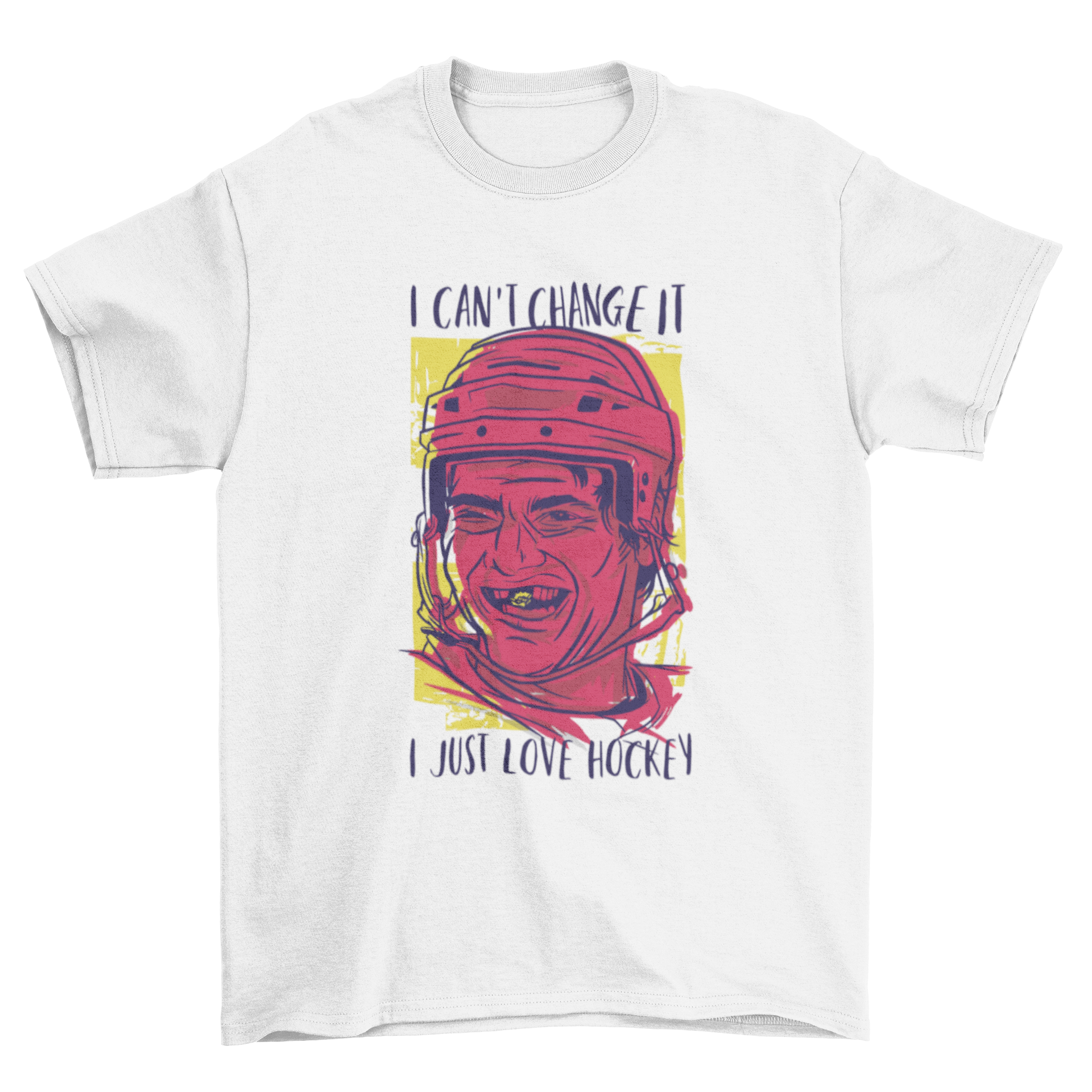 Colorful t-shirt featuring a hockey player design and the quote 'I can't change it, I just love hockey'.