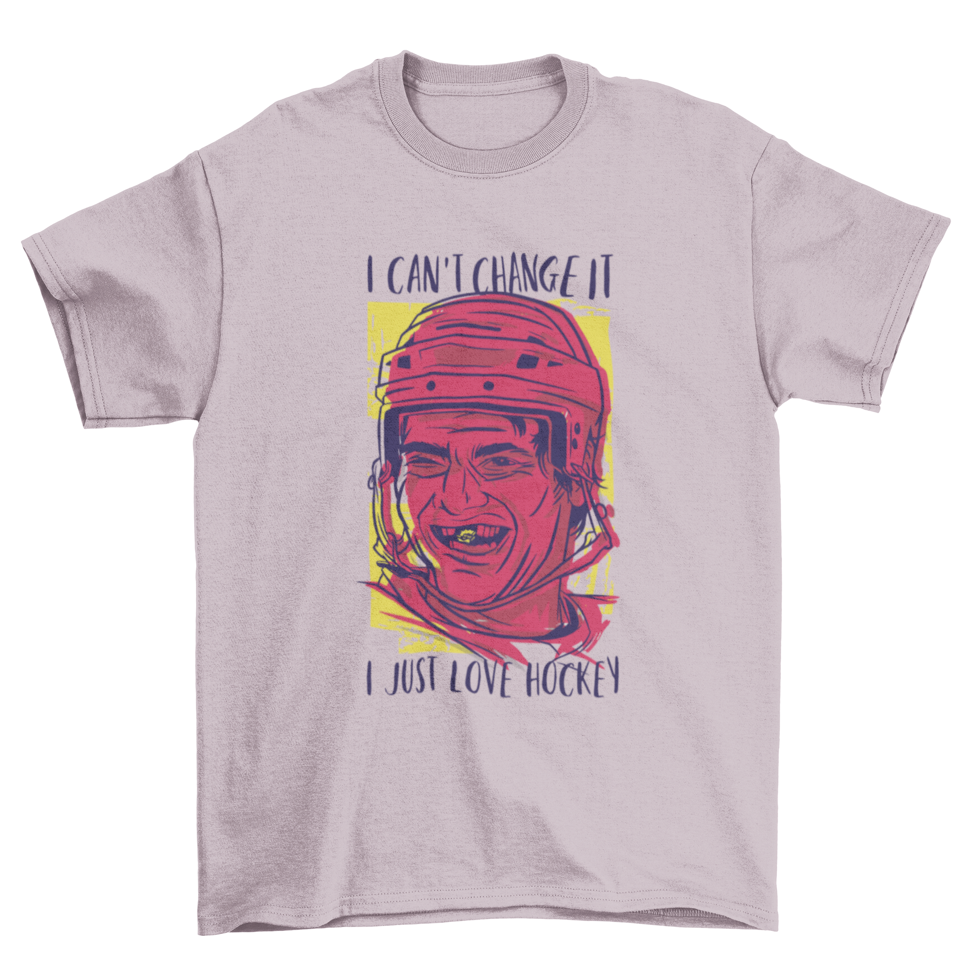 Colorful t-shirt featuring a hockey player design and the quote 'I can't change it, I just love hockey'.