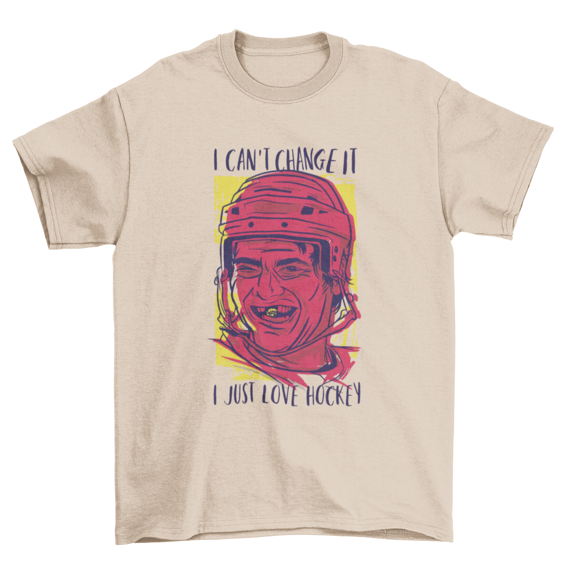 Colorful t-shirt featuring a hockey player design and the quote 'I can't change it, I just love hockey'.