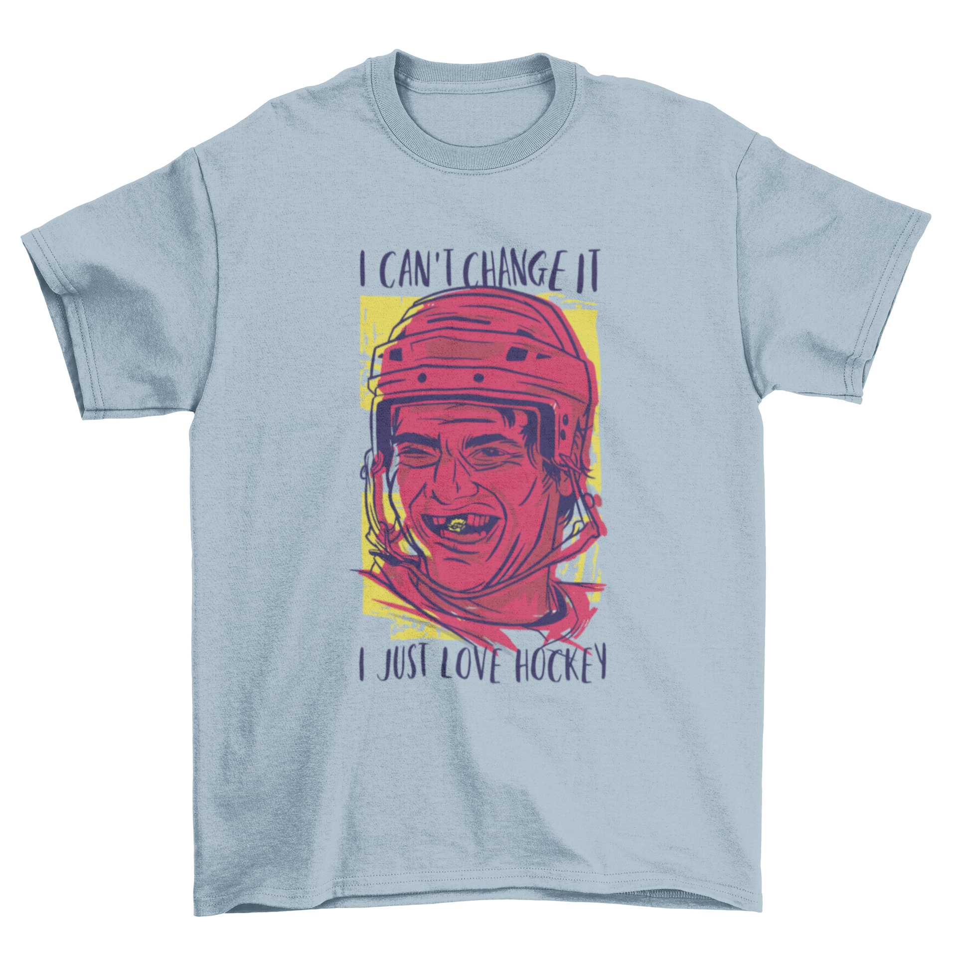 Colorful t-shirt featuring a hockey player design and the quote 'I can't change it, I just love hockey'.