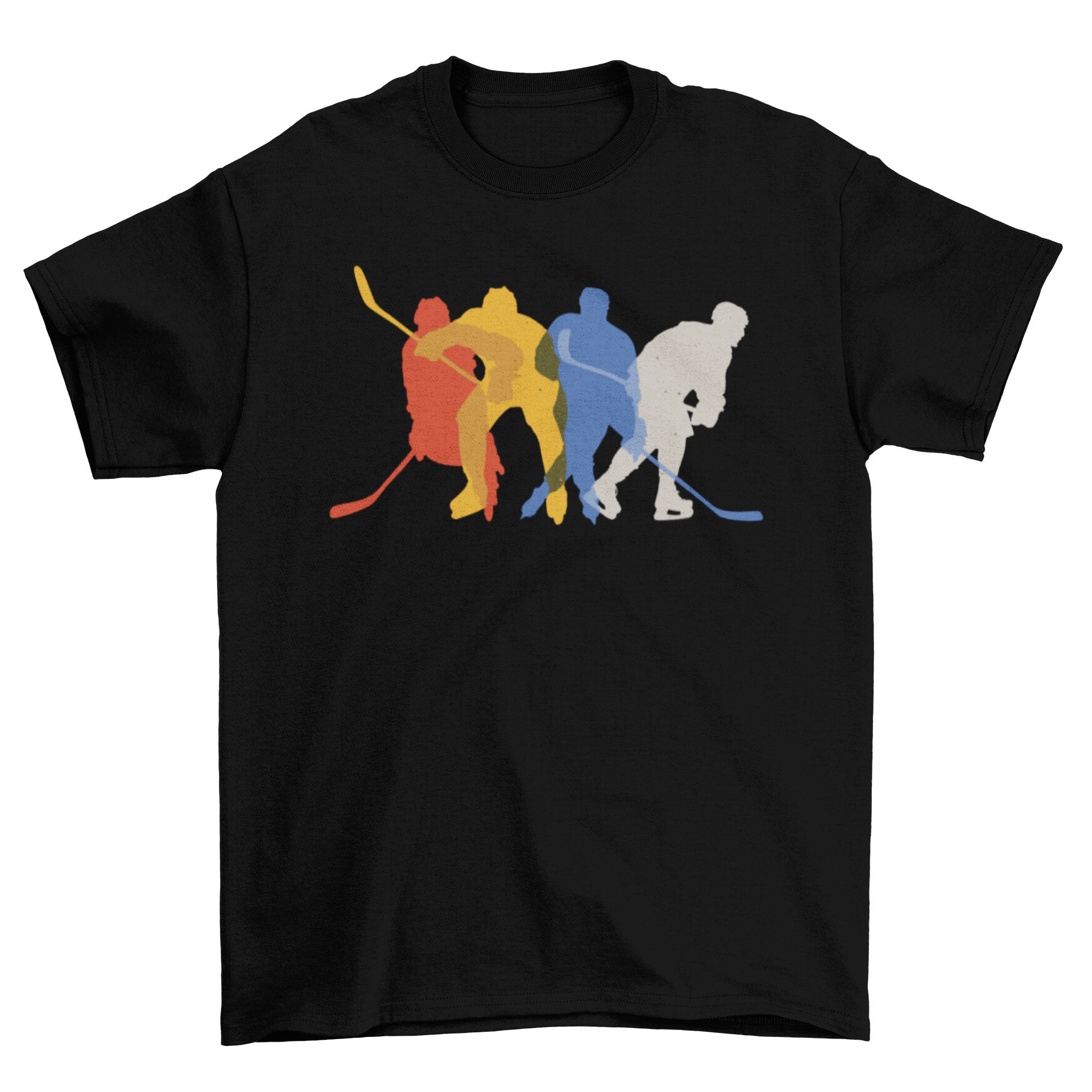 A stylish T-shirt featuring dynamic silhouettes of hockey players in action, perfect for fans and players.