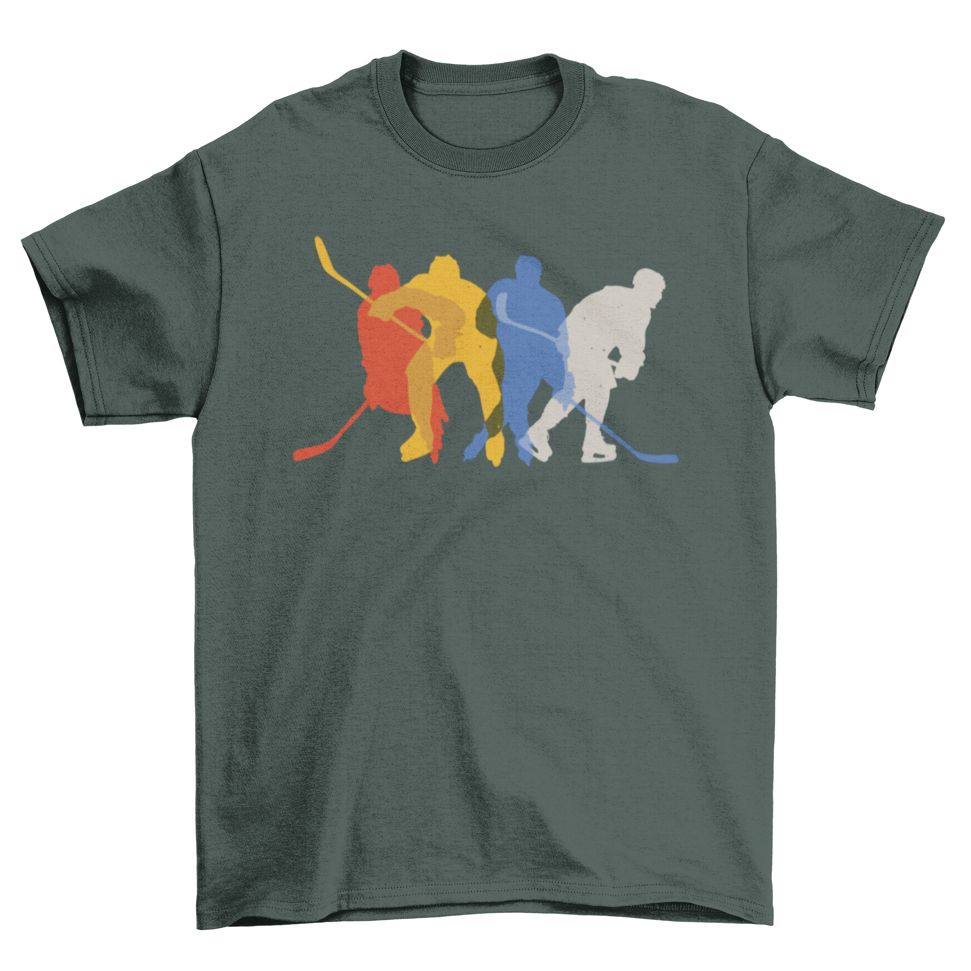 A stylish T-shirt featuring dynamic silhouettes of hockey players in action, perfect for fans and players.