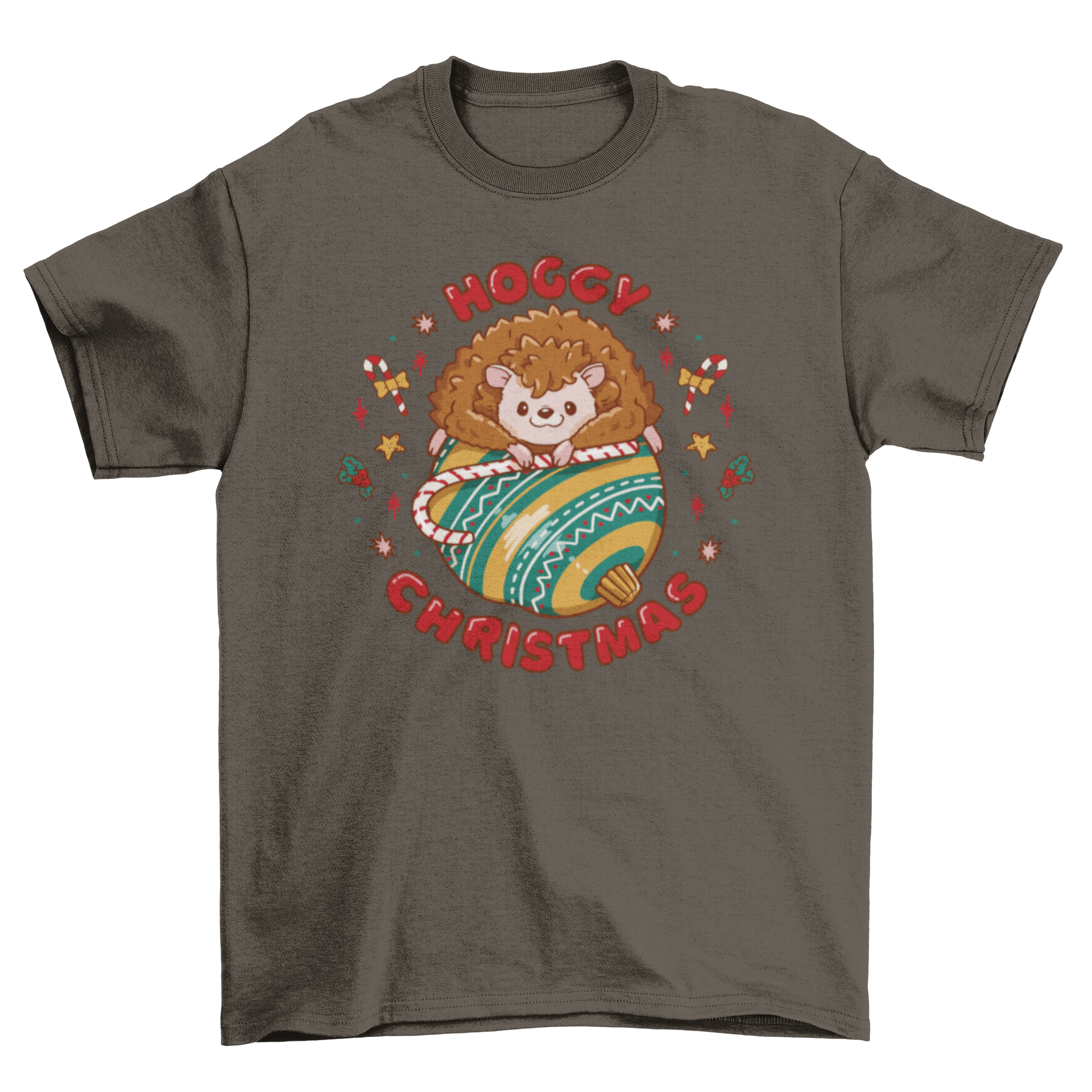 A festive t-shirt featuring a cute hedgehog with Christmas decorations and the quote 'Hoggy Christmas'.