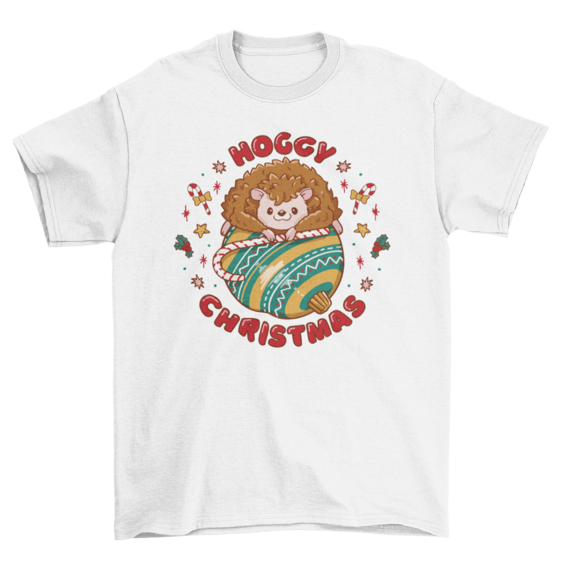 A festive t-shirt featuring a cute hedgehog with Christmas decorations and the quote 'Hoggy Christmas'.