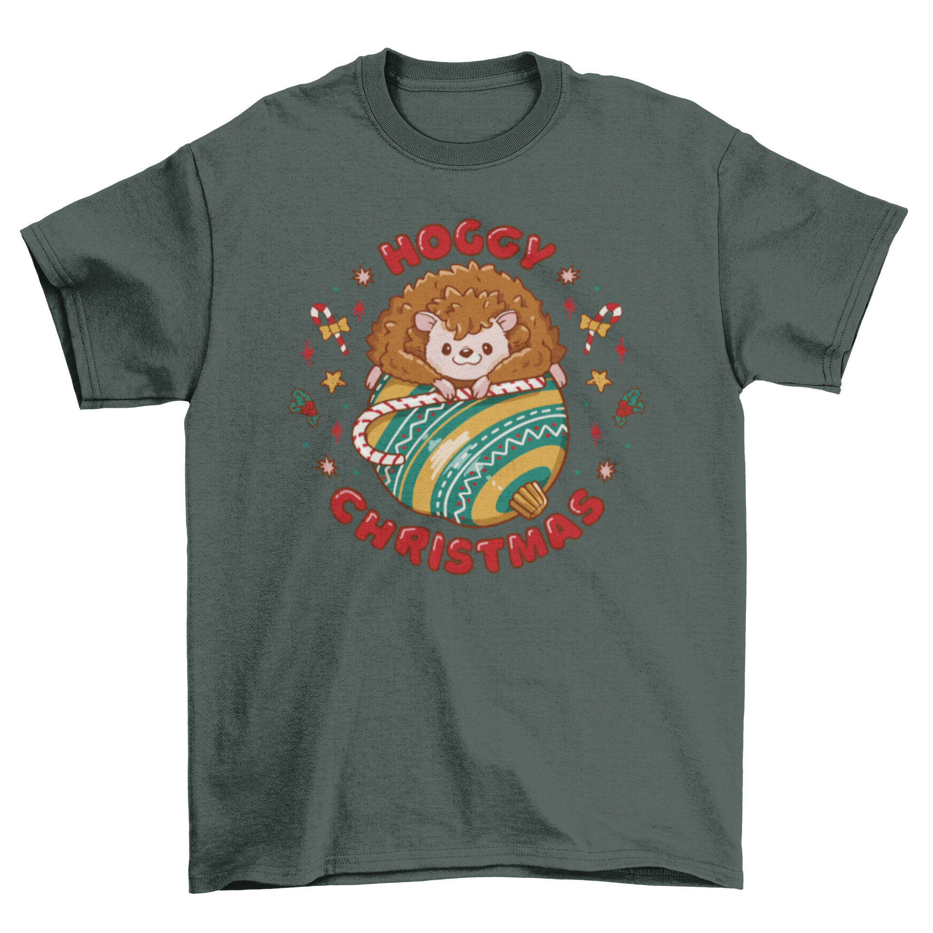 A festive t-shirt featuring a cute hedgehog with Christmas decorations and the quote 'Hoggy Christmas'.