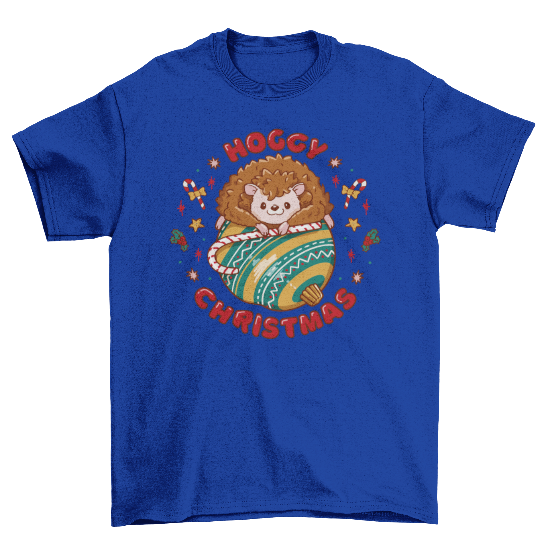 A festive t-shirt featuring a cute hedgehog with Christmas decorations and the quote 'Hoggy Christmas'.