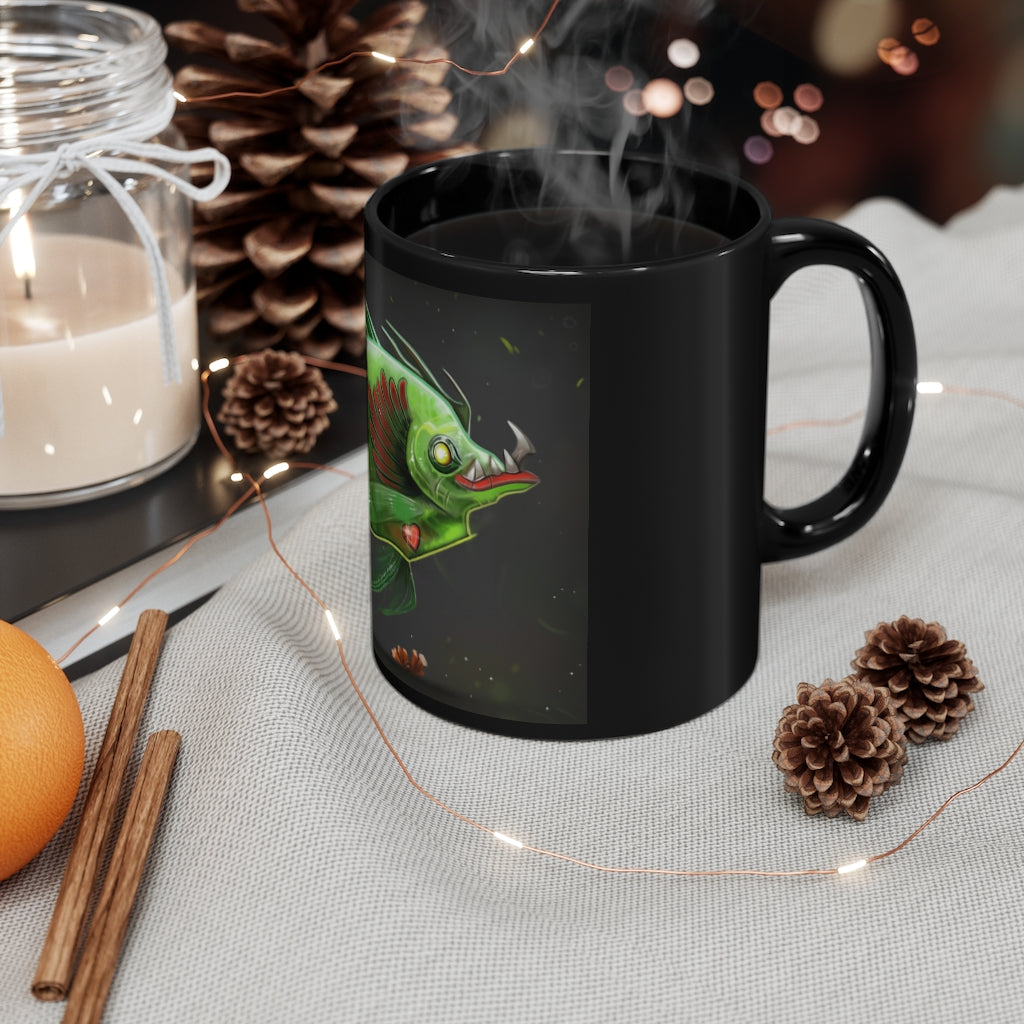 A sleek black ceramic mug with a C-handle and rounded corners, showcasing its 11oz capacity and full-wrap decoration style.