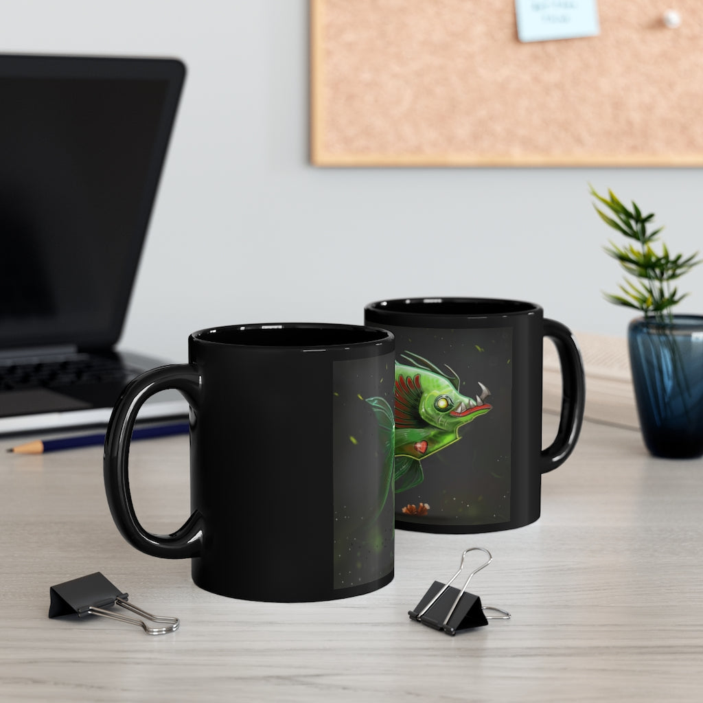 A sleek black ceramic mug with a C-handle and rounded corners, showcasing its 11oz capacity and full-wrap decoration style.