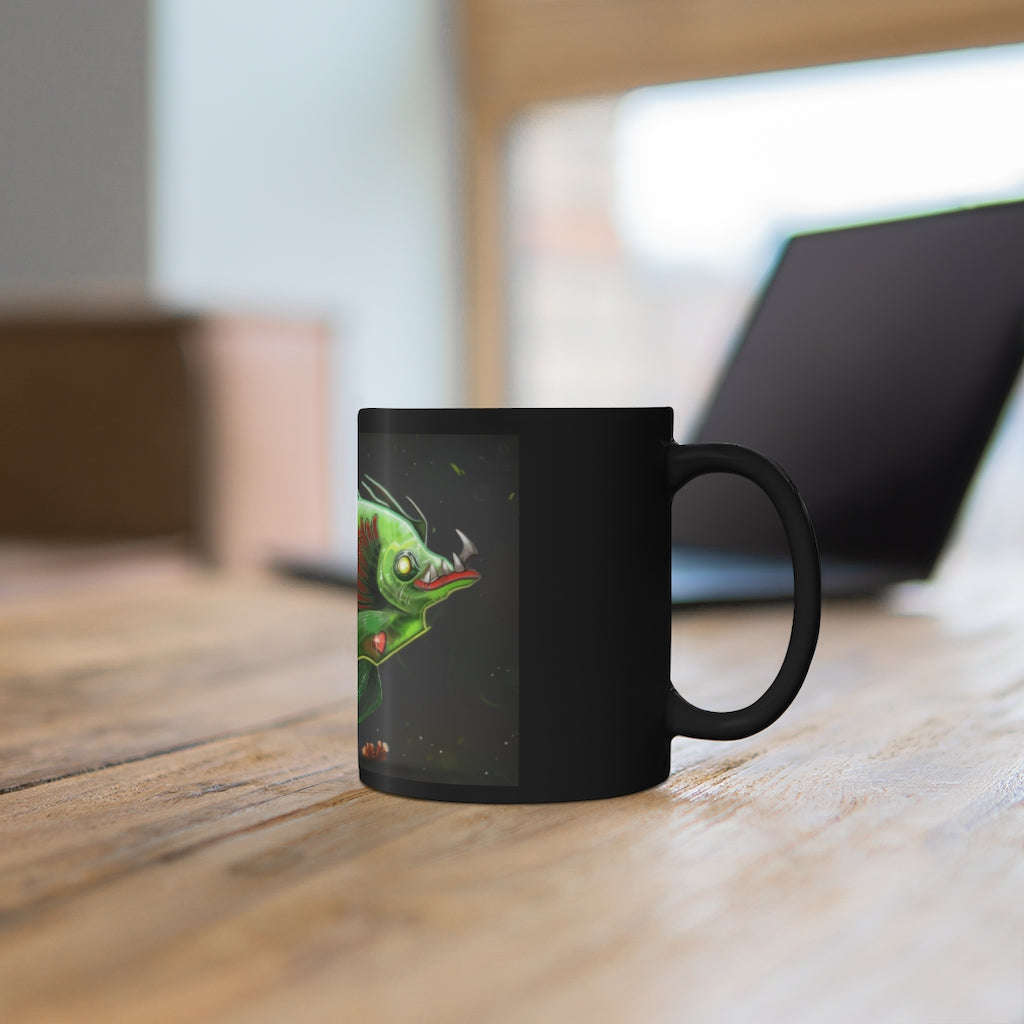 A sleek black ceramic mug with a C-handle and rounded corners, showcasing its 11oz capacity and full-wrap decoration style.