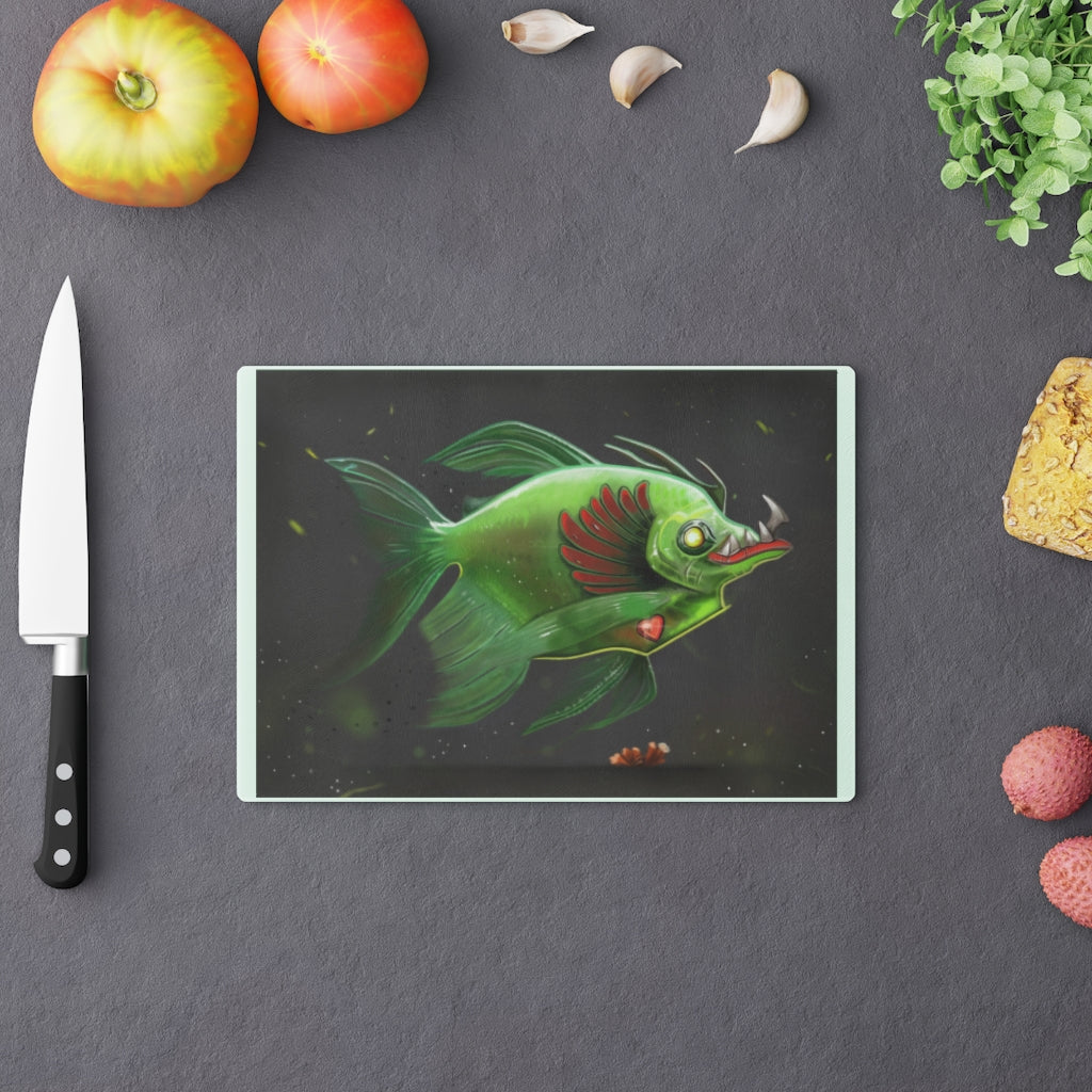 Hook Lung Jaw Cutting Board made of tempered glass with rubber dots for stability, showcasing a sleek design suitable for any kitchen.