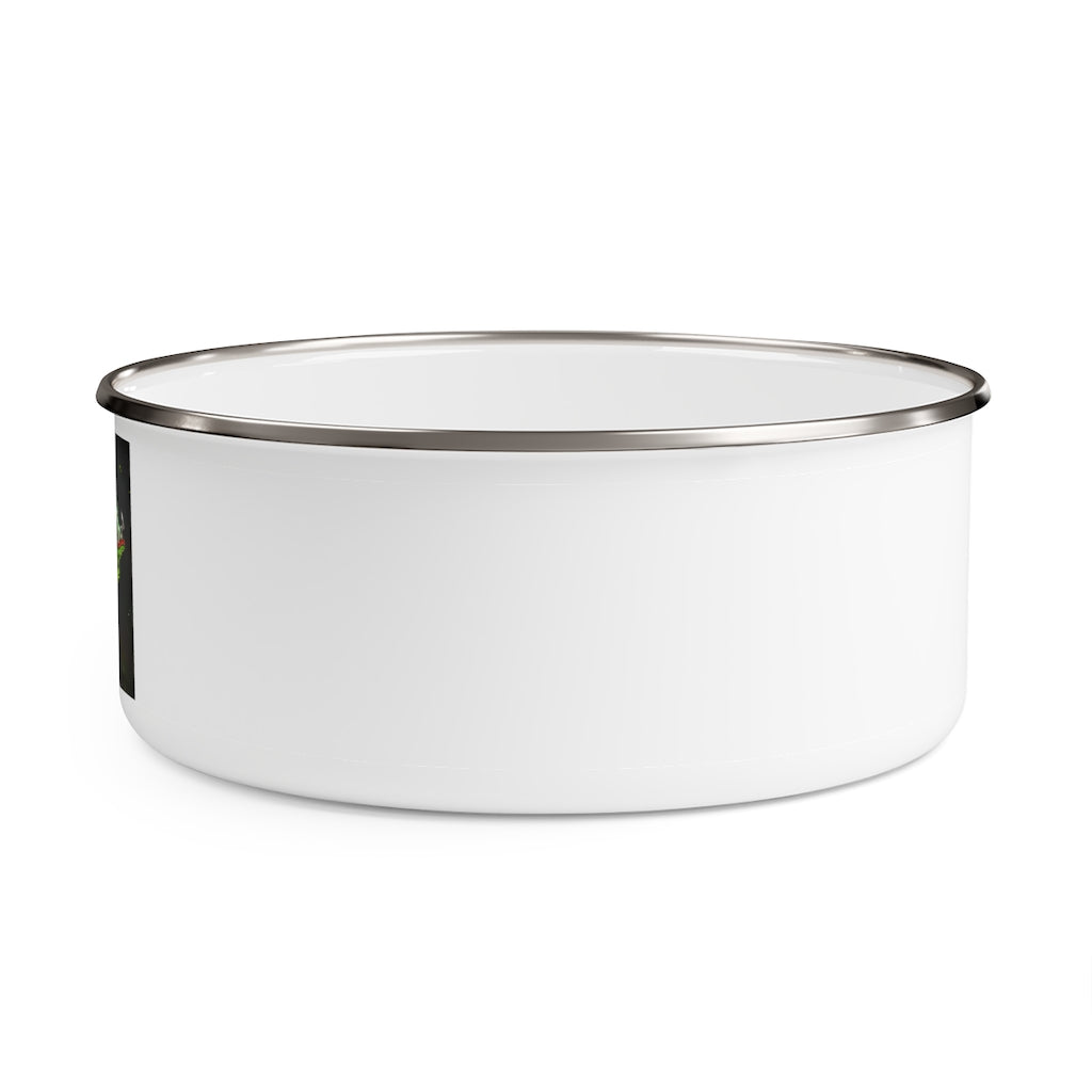 Hook Lung Jaw Enamel Bowl made of stainless steel with a translucent lid, showcasing a stylish print around the exterior.