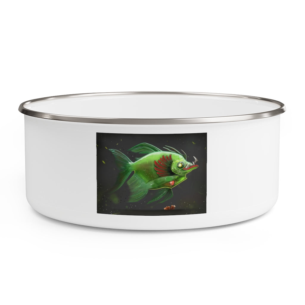 Hook Lung Jaw Enamel Bowl made of stainless steel with a translucent lid, showcasing a stylish print around the exterior.