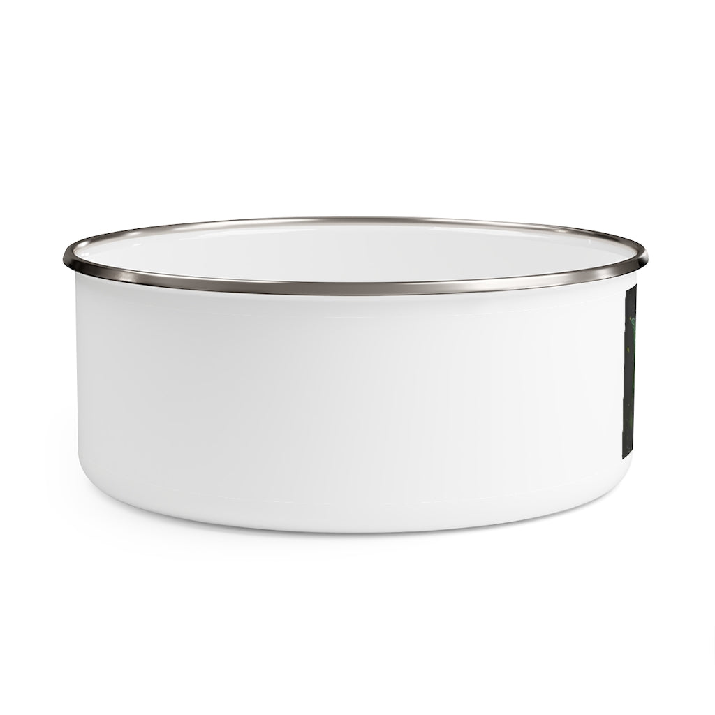 Hook Lung Jaw Enamel Bowl made of stainless steel with a translucent lid, showcasing a stylish print around the exterior.