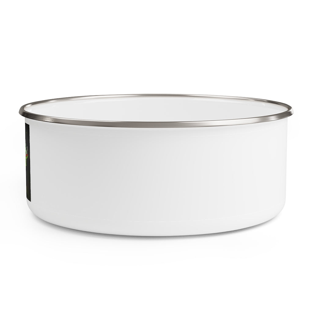 Hook Lung Jaw Enamel Bowl made of stainless steel with a translucent lid, showcasing a stylish print around the exterior.