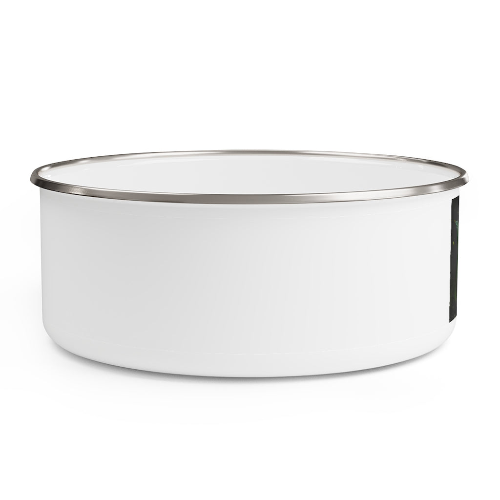 Hook Lung Jaw Enamel Bowl made of stainless steel with a translucent lid, showcasing a stylish print around the exterior.