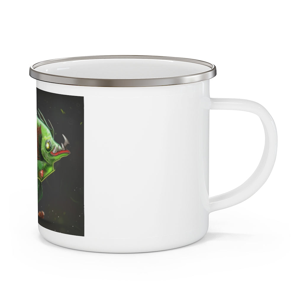 Hook Lung Jaw Enamel Camping Mug with a C-handle, featuring a stylish design and durable enamel finish, perfect for outdoor adventures.