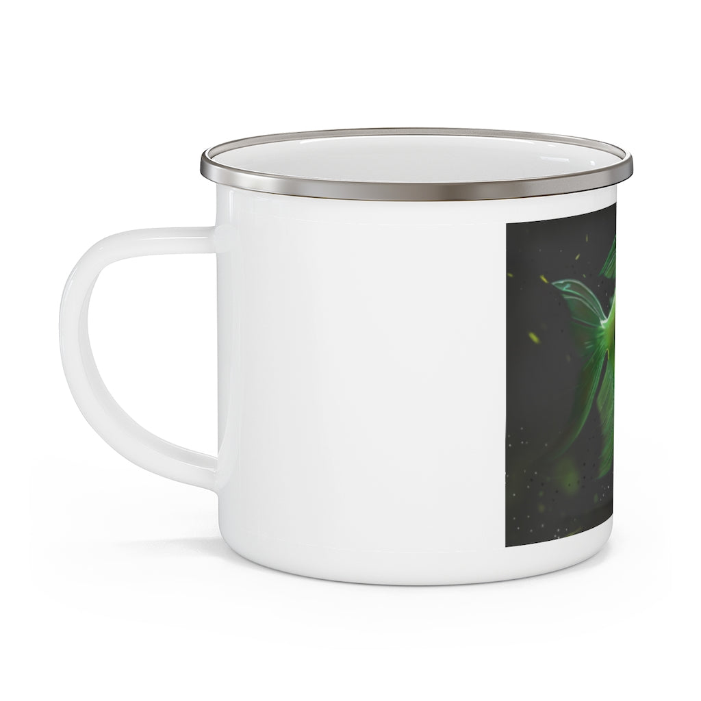 Hook Lung Jaw Enamel Camping Mug with a C-handle, featuring a stylish design and durable enamel finish, perfect for outdoor adventures.