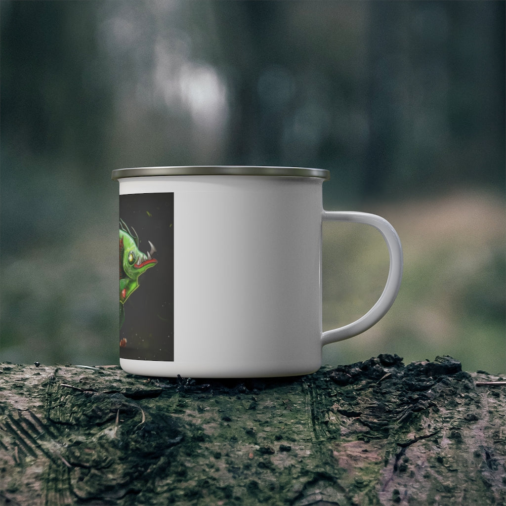 Hook Lung Jaw Enamel Camping Mug with a C-handle, featuring a stylish design and durable enamel finish, perfect for outdoor adventures.