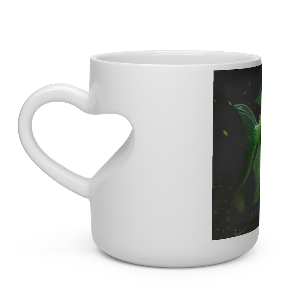 A white ceramic heart-shaped mug with a heart-shaped handle, perfect for hot beverages.