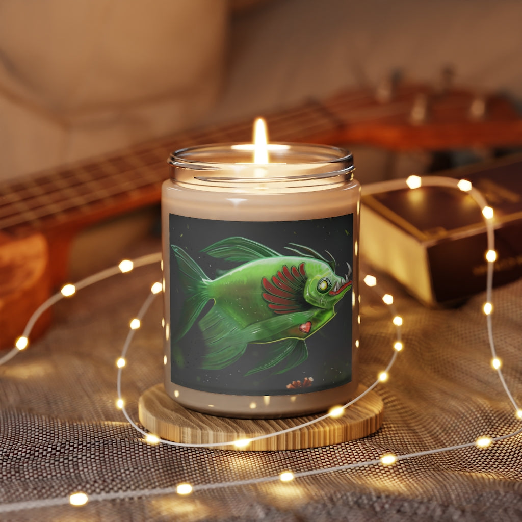 Hook Lung Jaw Scented Candle in a glass container, featuring a permanent label, available in Cinnamon Stick and Vanilla scents.