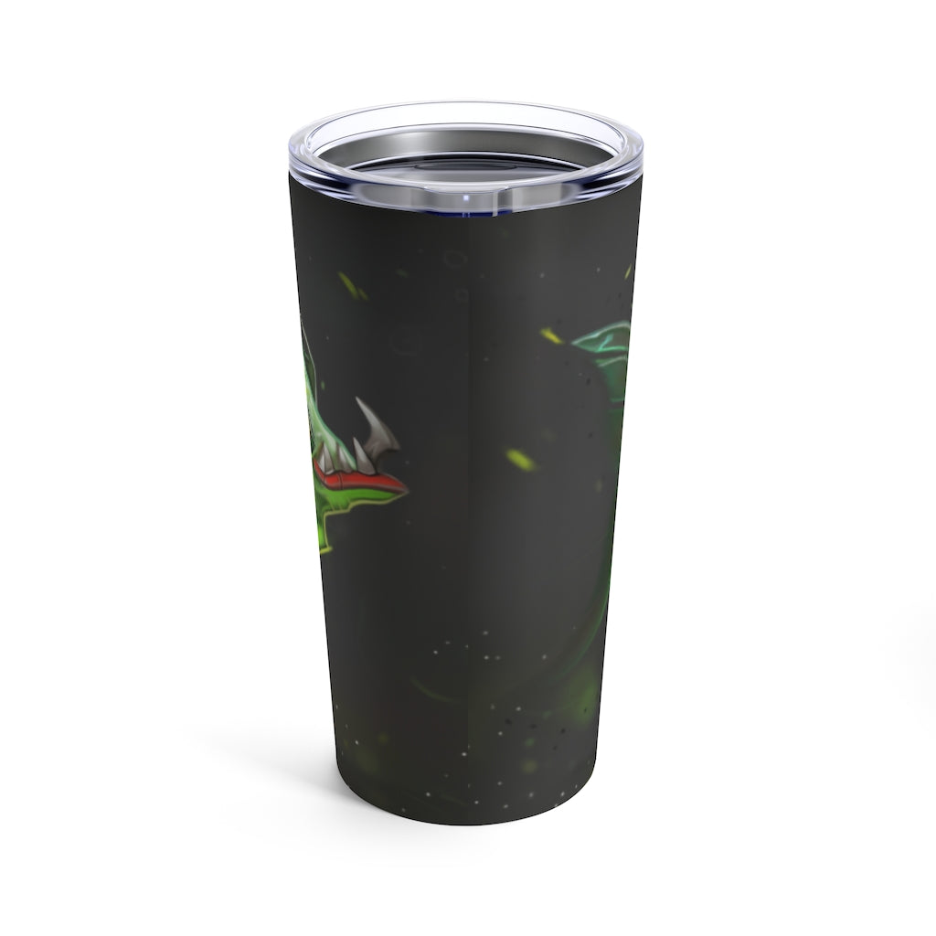 Hook Lung Jaw Tumbler 20oz in stainless steel with a see-thru plastic lid, showcasing its sleek design and rounded corners.