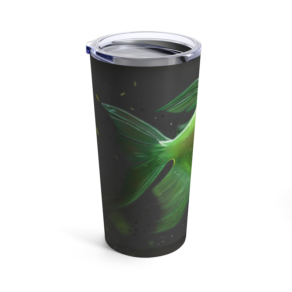 Hook Lung Jaw Tumbler 20oz in stainless steel with a see-thru plastic lid, showcasing its sleek design and rounded corners.