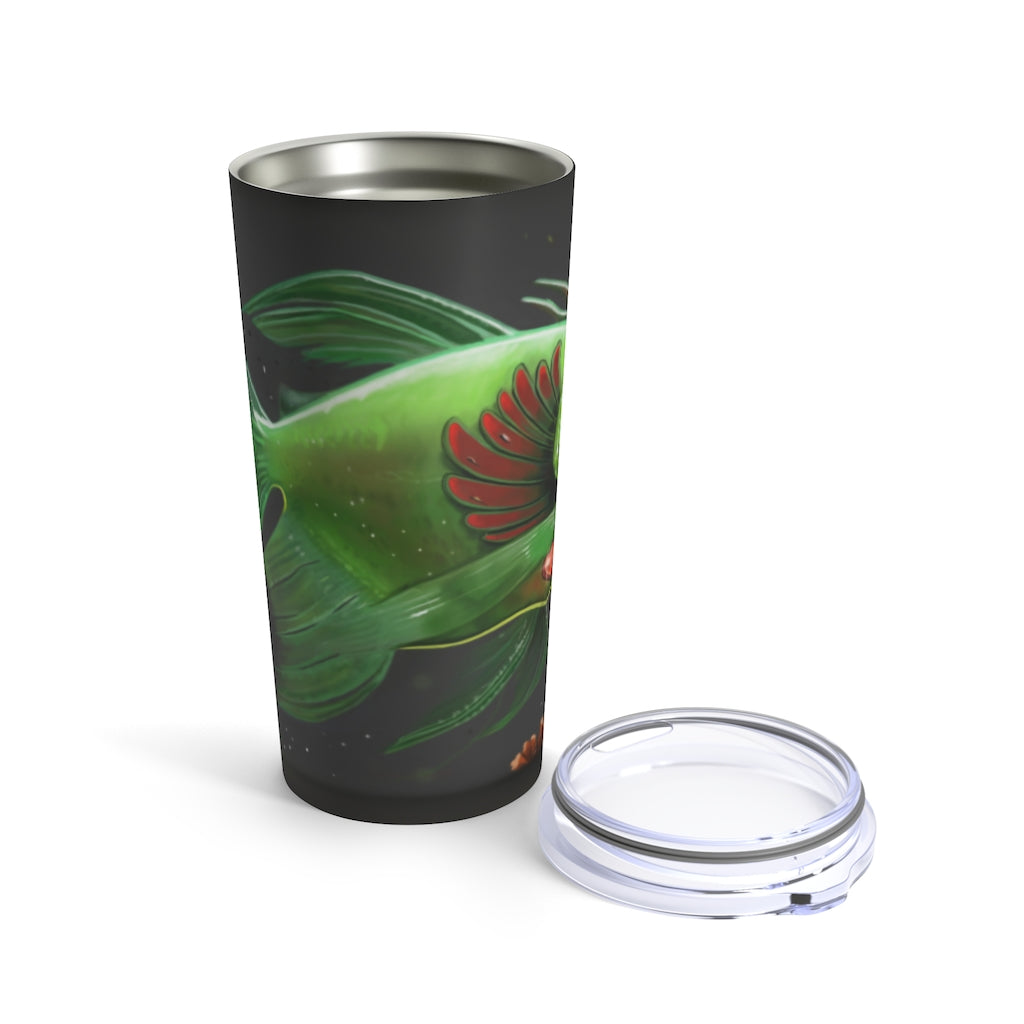 Hook Lung Jaw Tumbler 20oz in stainless steel with a see-thru plastic lid, showcasing its sleek design and rounded corners.