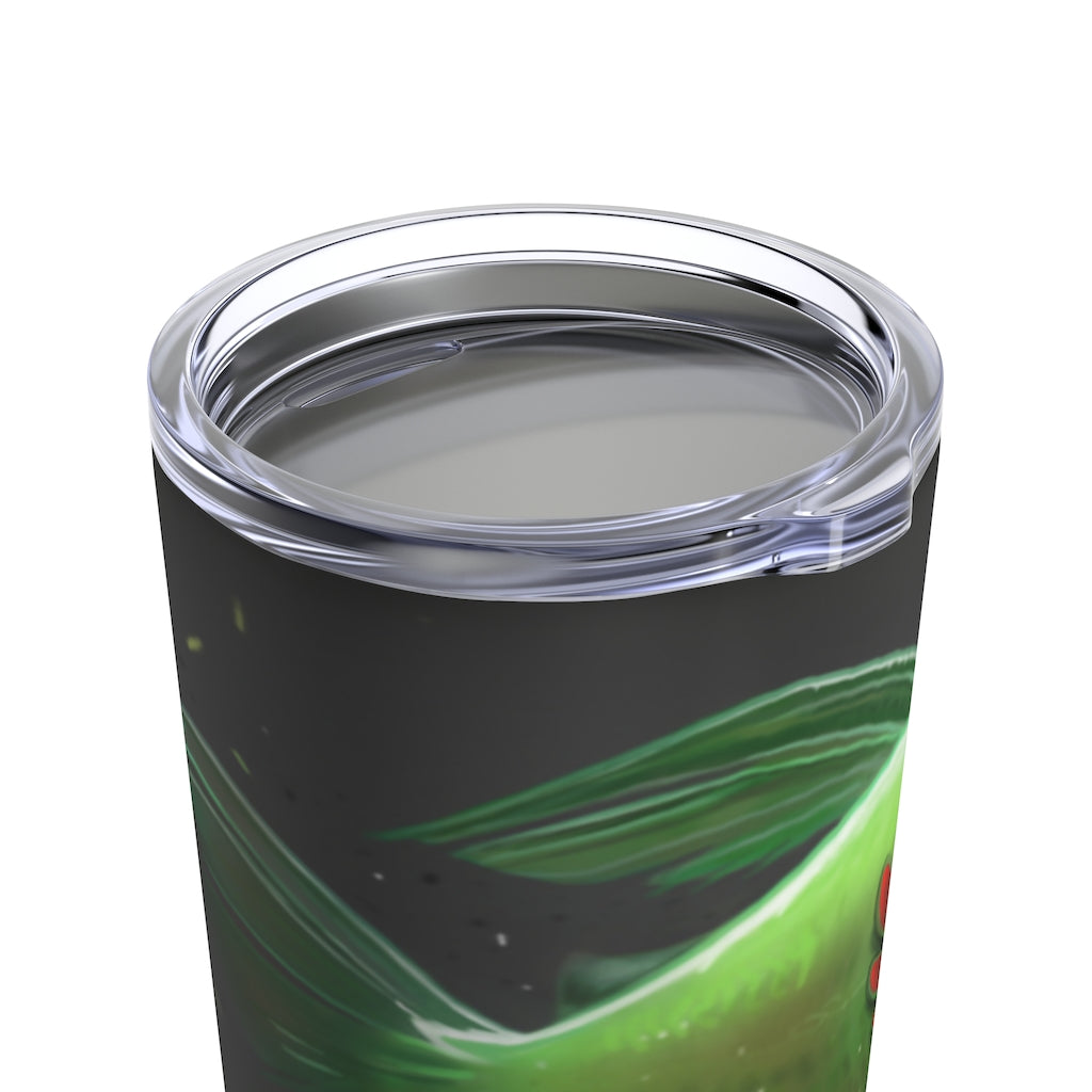 Hook Lung Jaw Tumbler 20oz in stainless steel with a see-thru plastic lid, showcasing its sleek design and rounded corners.