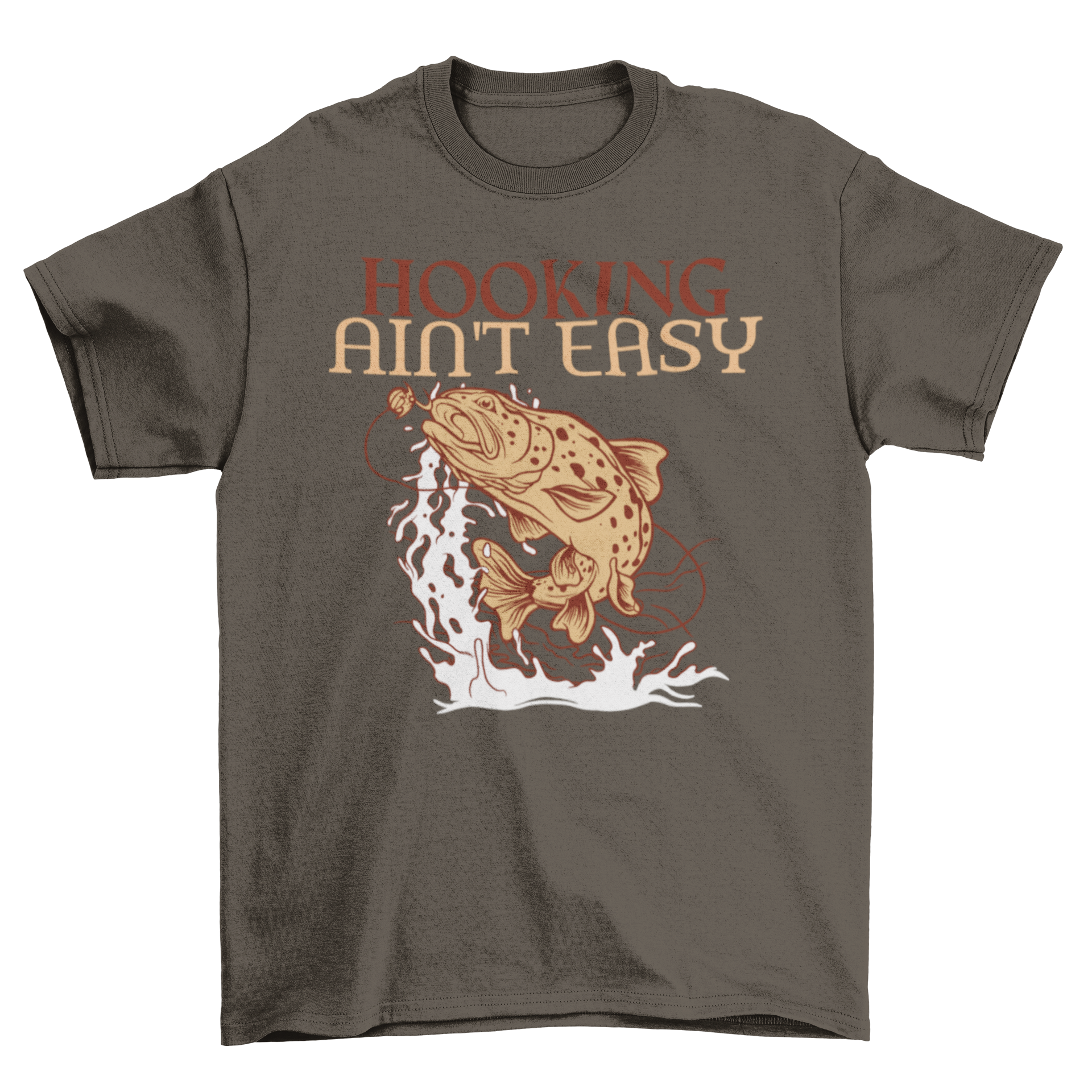 A stylish t-shirt featuring a fish on a hook with the quote 'Hooking ain't easy', perfect for fishing enthusiasts.