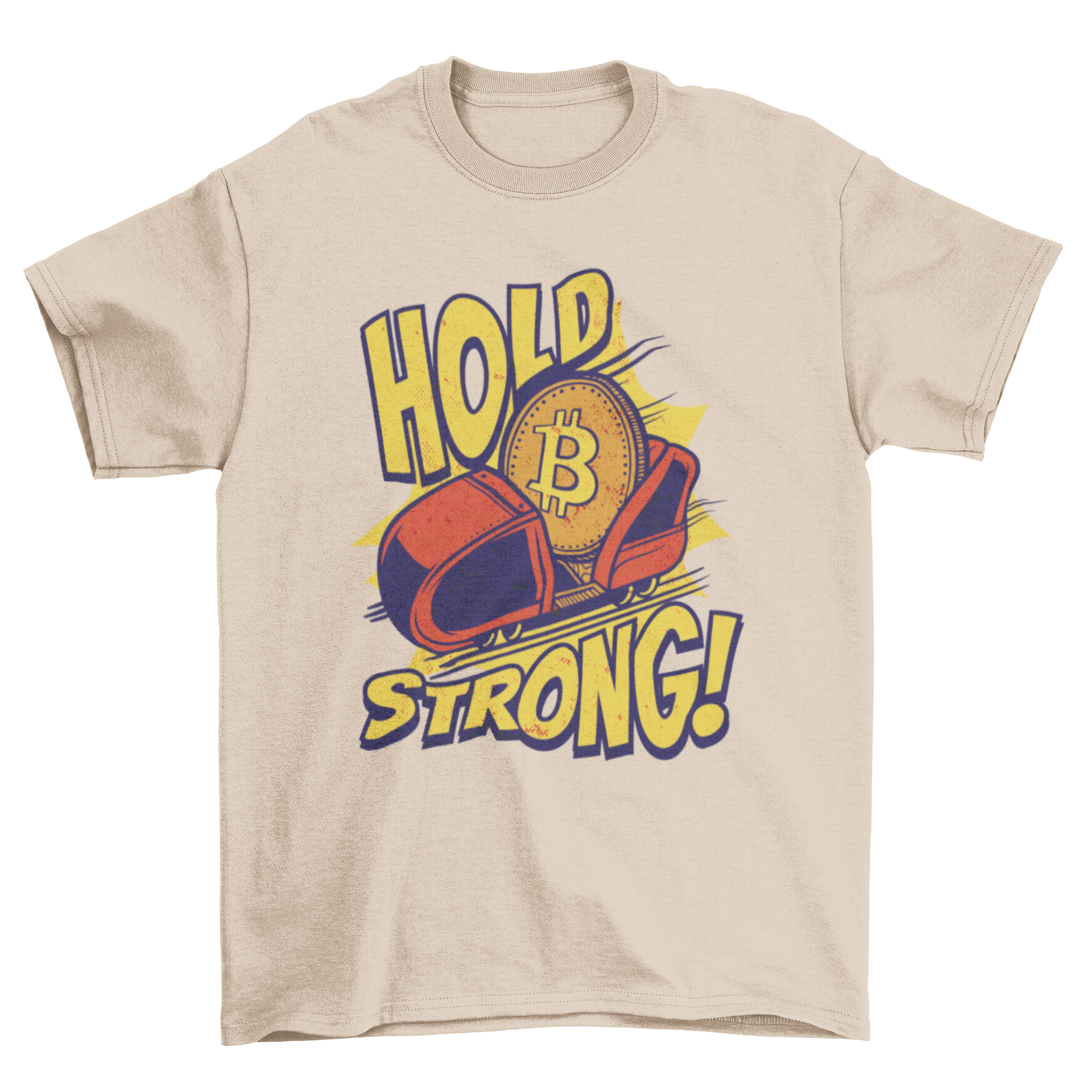 A stylish t-shirt featuring a sled design and the quote 'Hold Strong!' representing cryptocurrency enthusiasm.