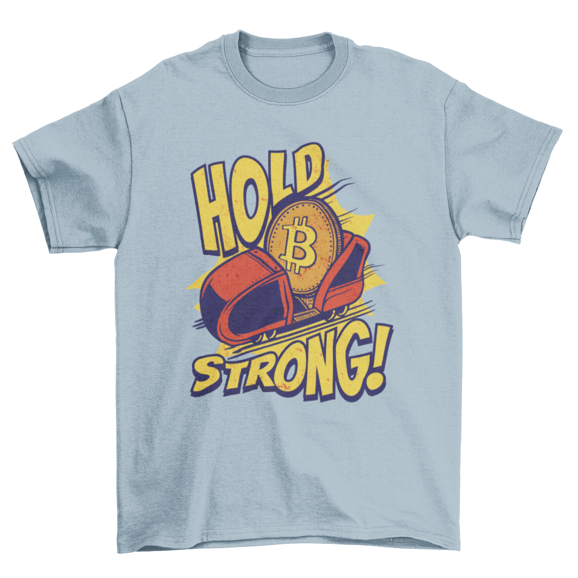 A stylish t-shirt featuring a sled design and the quote 'Hold Strong!' representing cryptocurrency enthusiasm.