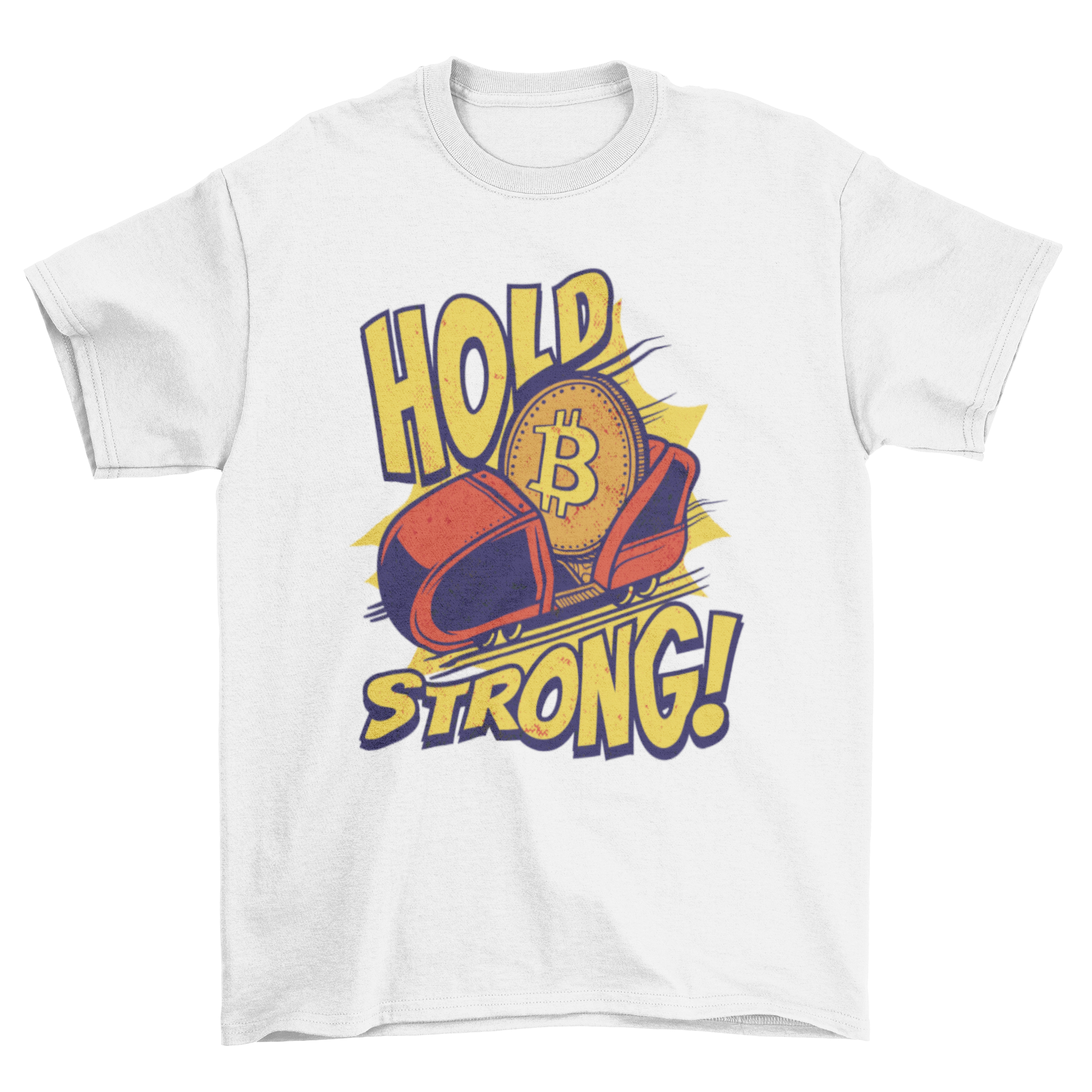 A stylish t-shirt featuring a sled design and the quote 'Hold Strong!' representing cryptocurrency enthusiasm.