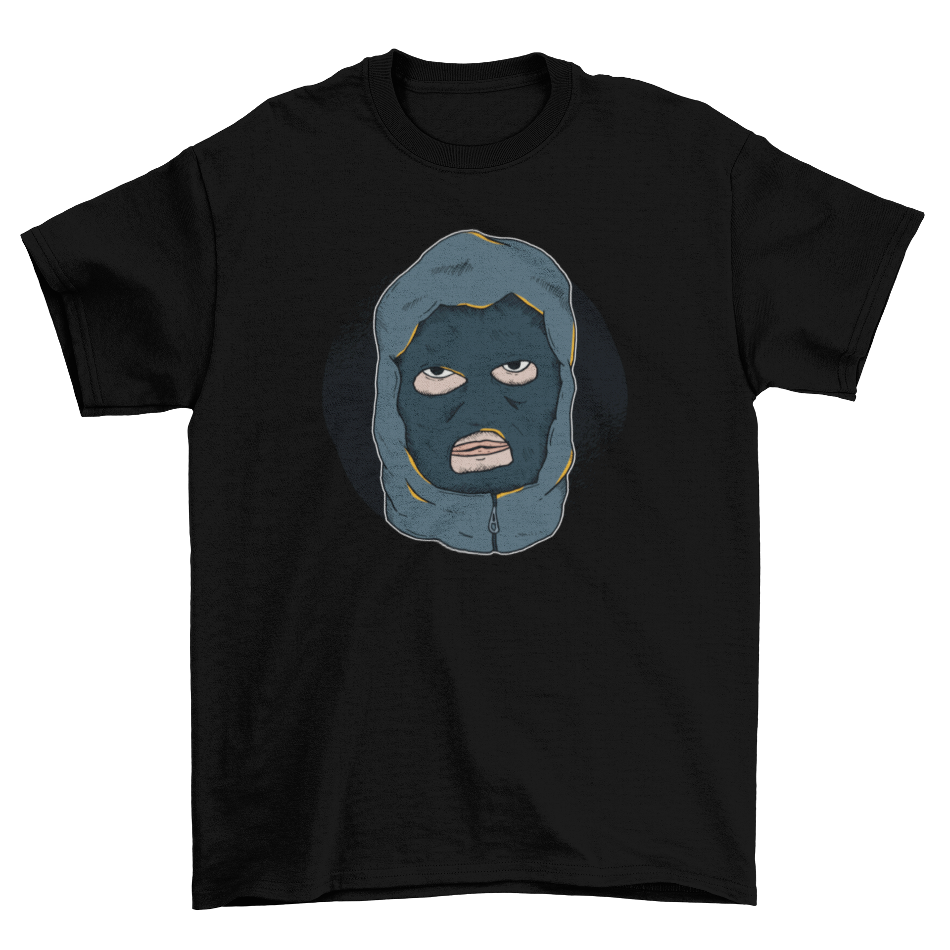 Hooligan T-shirt featuring a bold illustration of a masked hooligan in a hoodie, showcasing a unique and edgy design.