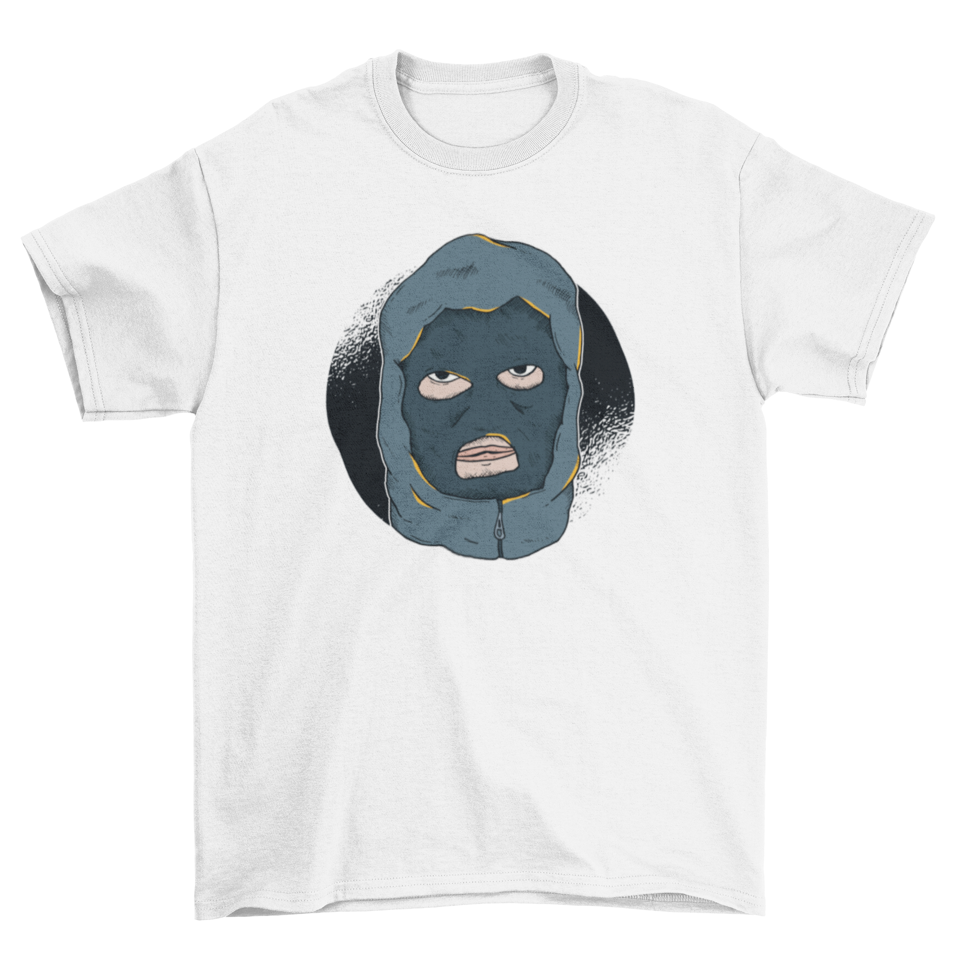 Hooligan T-shirt featuring a bold illustration of a masked hooligan in a hoodie, showcasing a unique and edgy design.