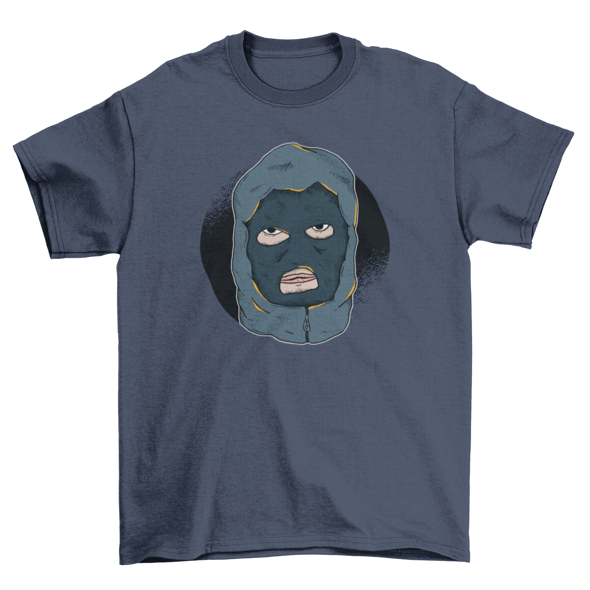 Hooligan T-shirt featuring a bold illustration of a masked hooligan in a hoodie, showcasing a unique and edgy design.