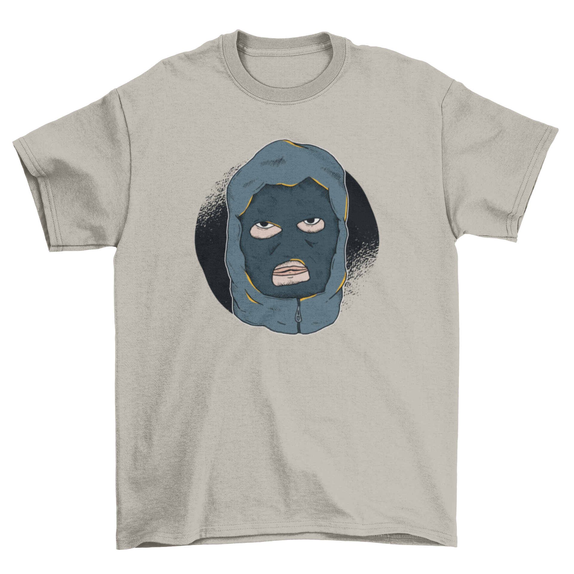 Hooligan T-shirt featuring a bold illustration of a masked hooligan in a hoodie, showcasing a unique and edgy design.