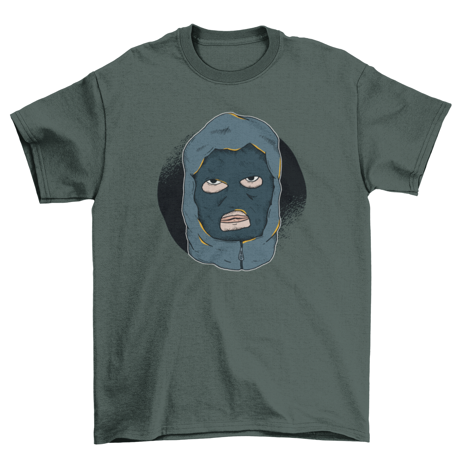 Hooligan T-shirt featuring a bold illustration of a masked hooligan in a hoodie, showcasing a unique and edgy design.