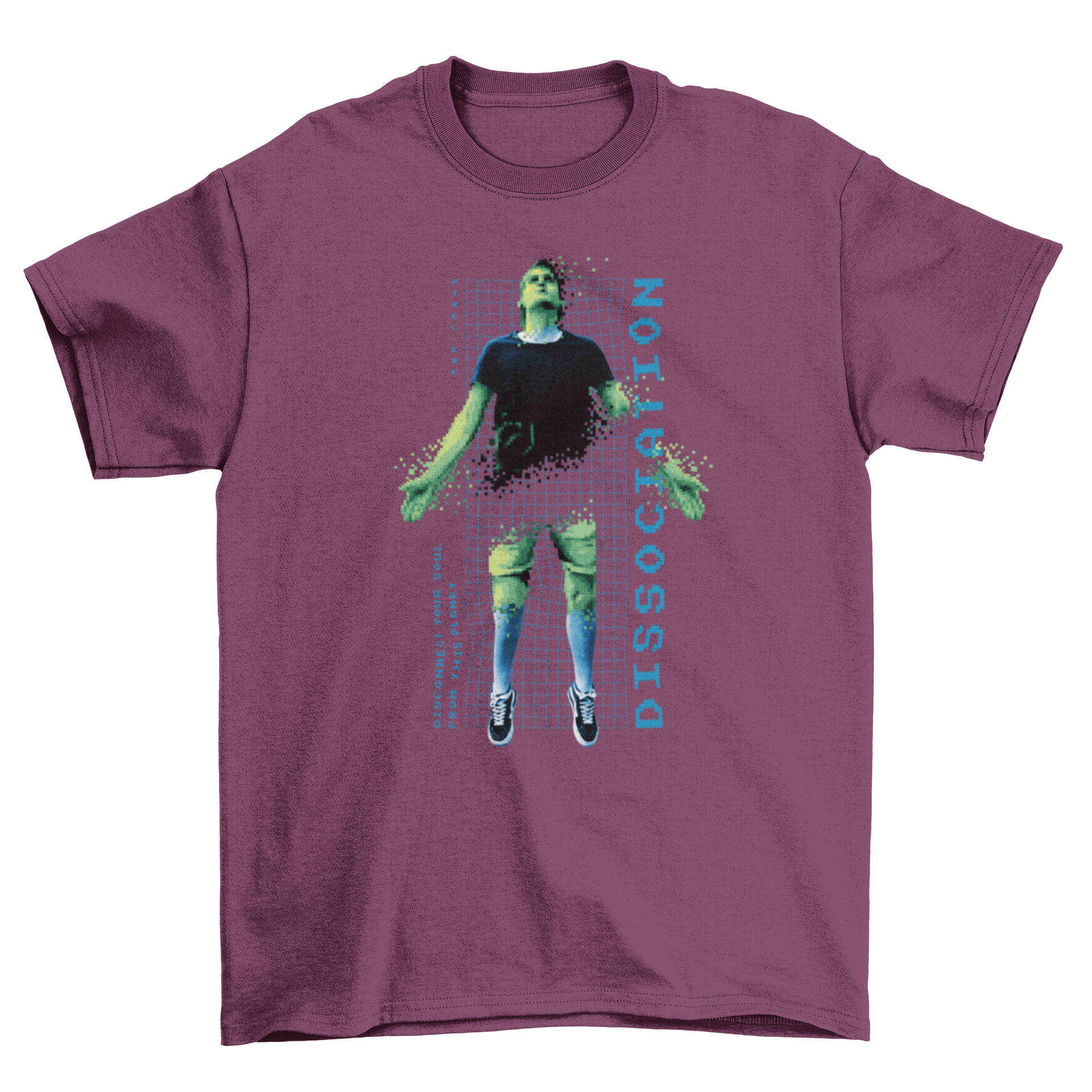 Hologram Man Pixel Dissociation Art T-Shirt featuring a fragmented man design and the quote 'Dissociation'.