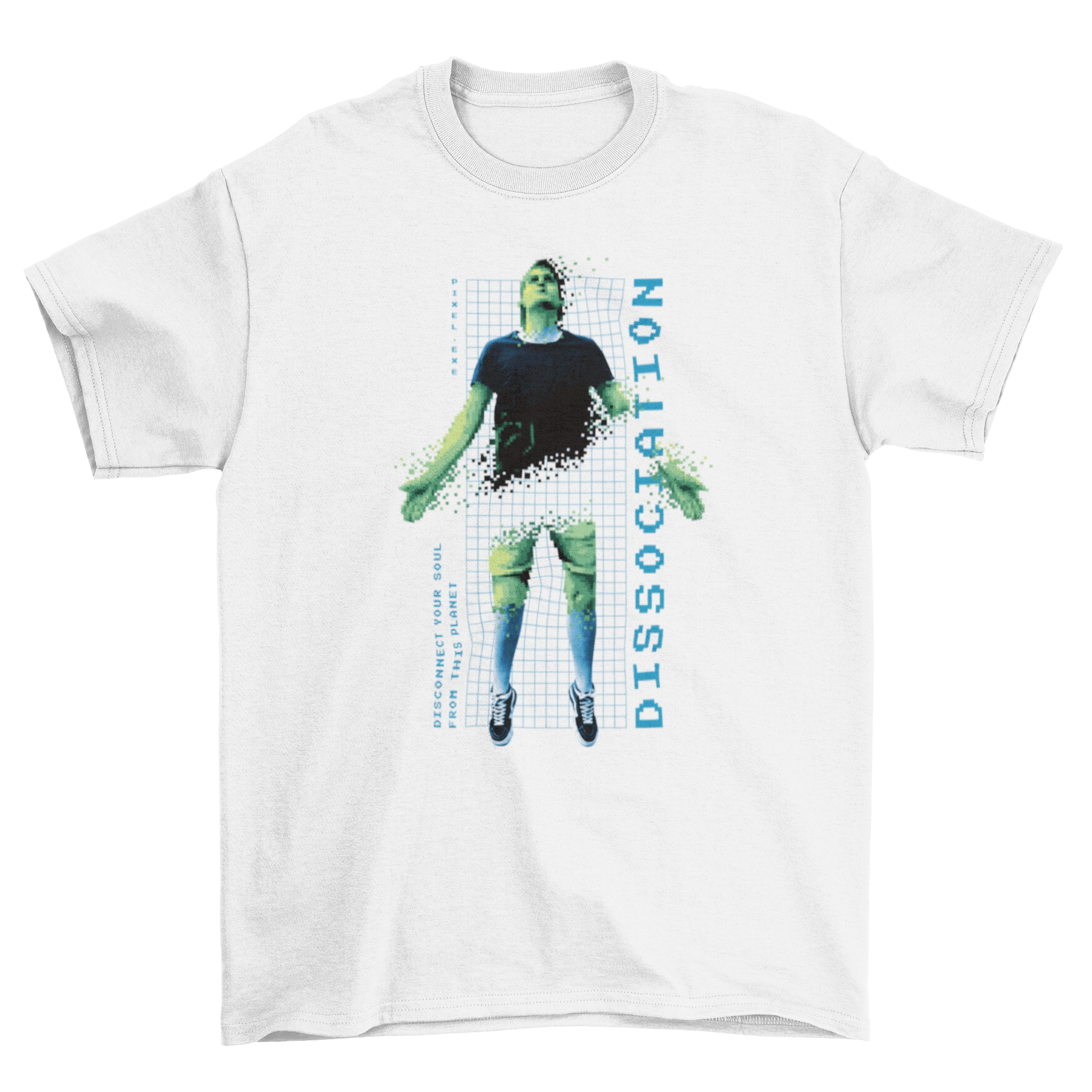 Hologram Man Pixel Dissociation Art T-Shirt featuring a fragmented man design and the quote 'Dissociation'.